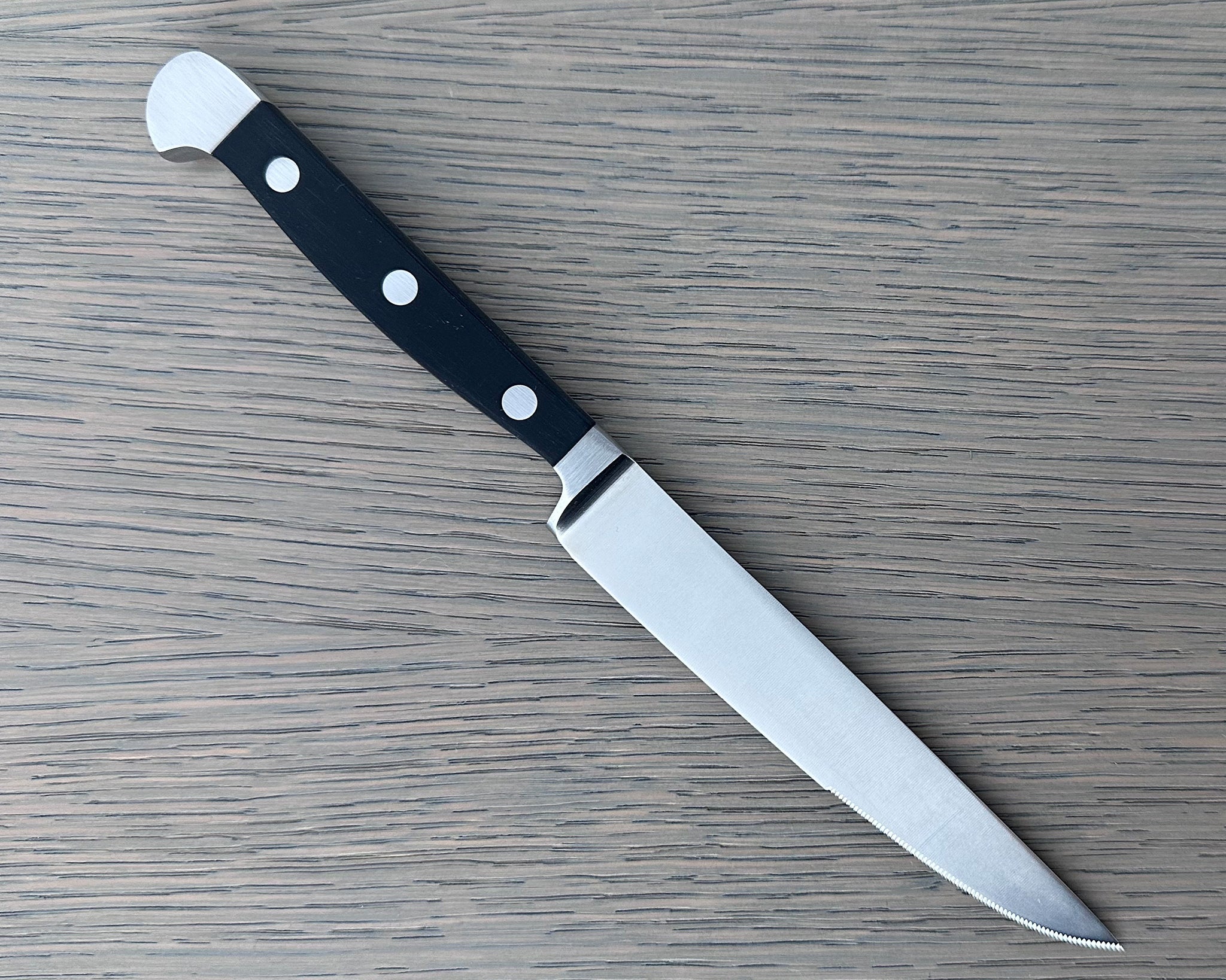 Gude Alpha Series Forged Double Bolster Serrated Steak Knife 4-1/2-in,  Black Hostaform Handle – Gude Shop USA