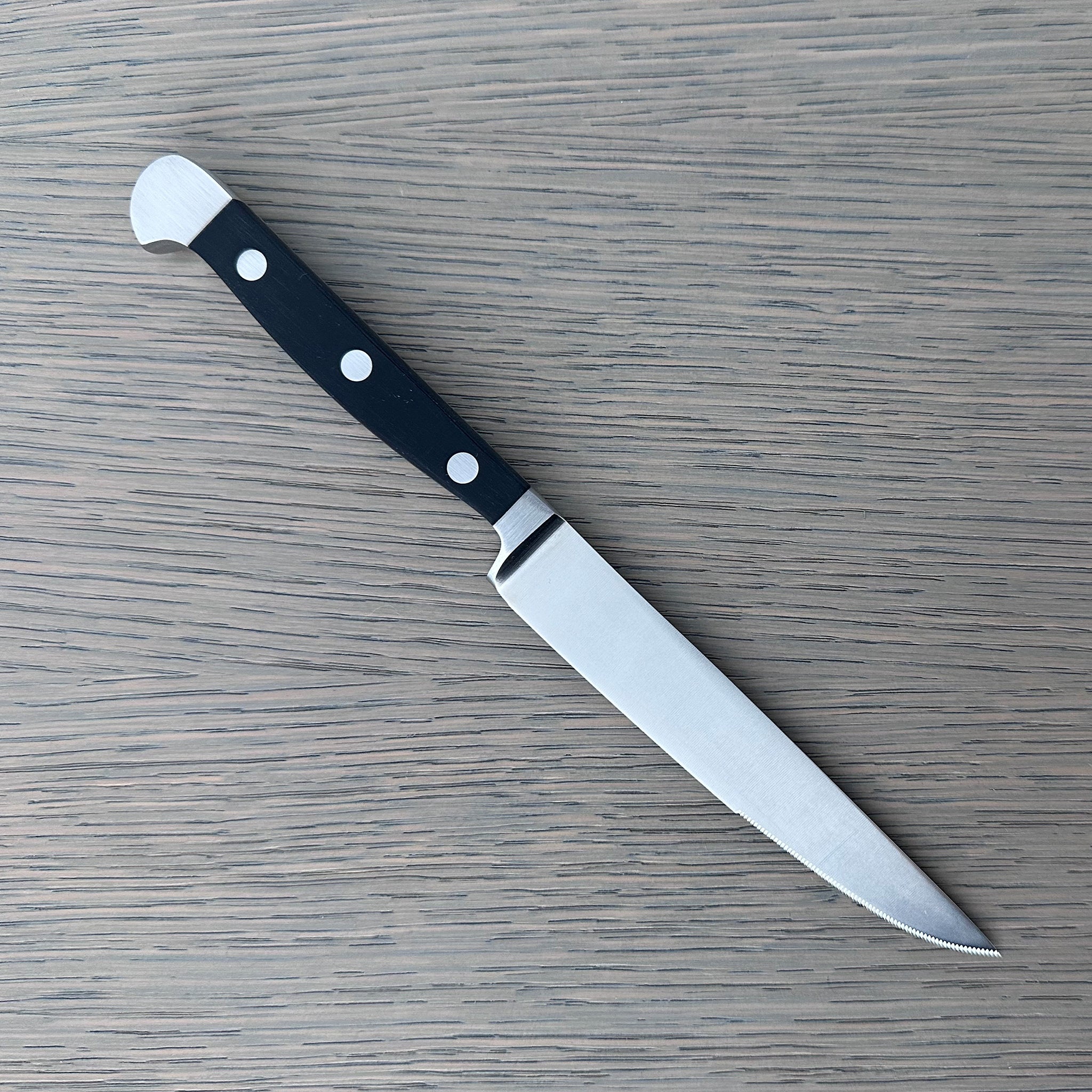 Gude Alpha Series Forged Double Bolster Serrated Steak Knife 4-1/2-in,  Black Hostaform Handle – Gude Shop USA