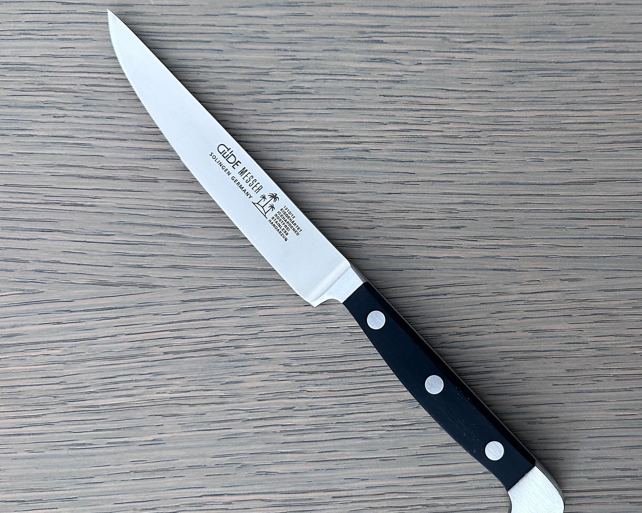 Gude Alpha Series Forged Double Bolster Serrated Steak Knife 4-1/2-in,  Black Hostaform Handle – Gude Shop USA