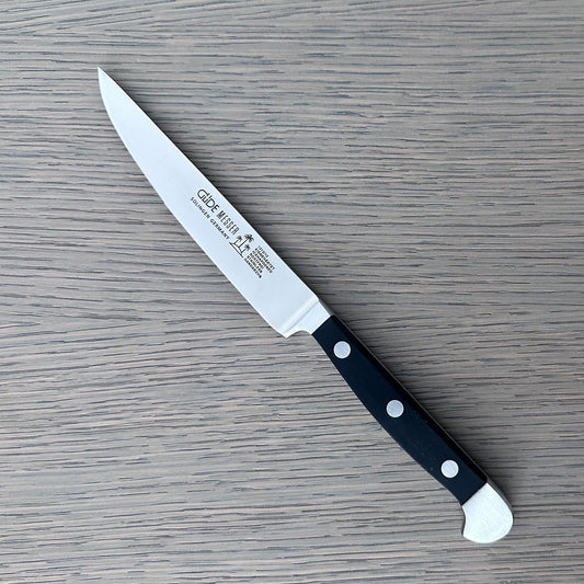 Gude Alpha Series Forged Double Bolster Serrated Steak Knife 4-1/2-in,  Black Hostaform Handle – Gude Shop USA