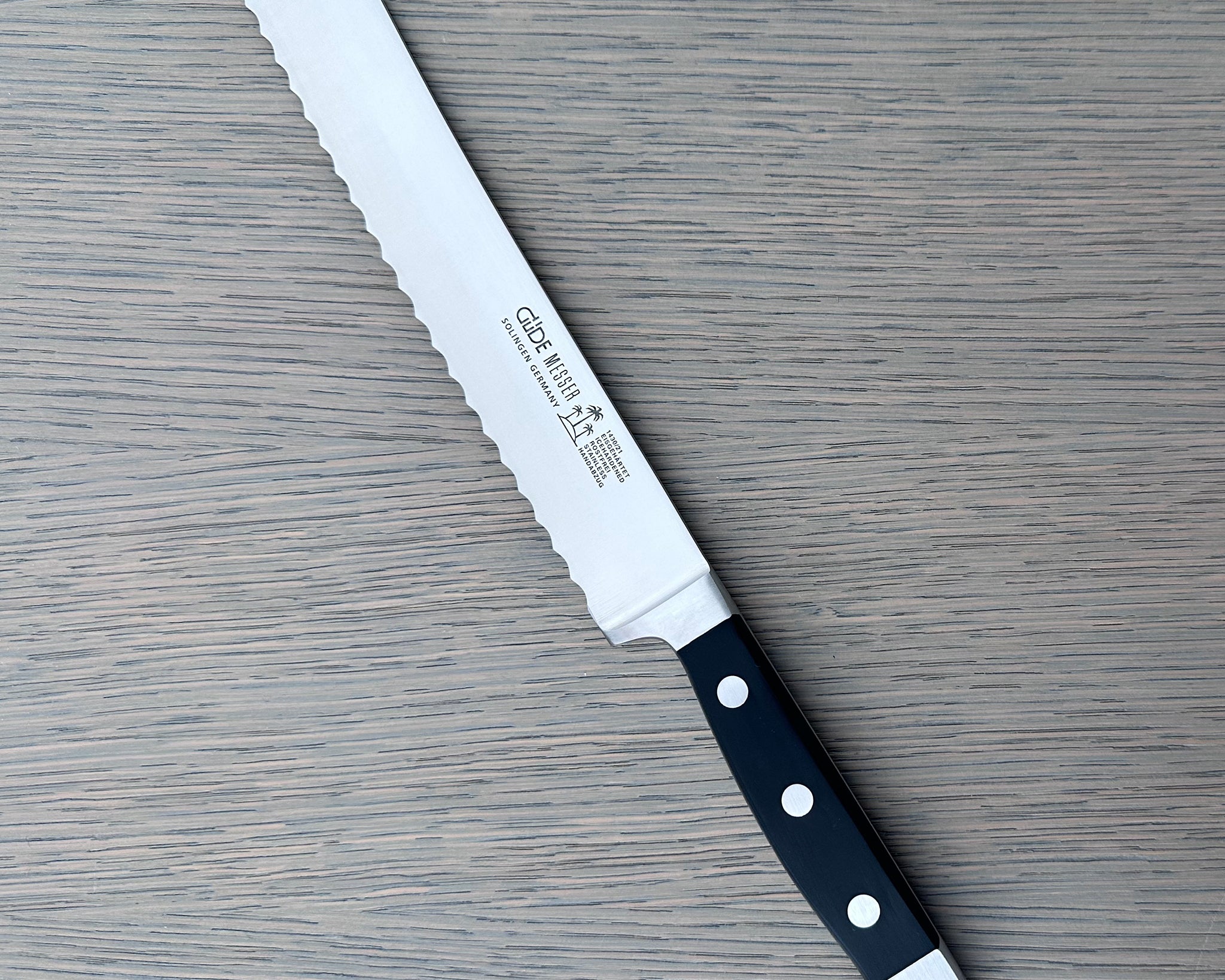 Gude Alpha Series Forged Double Bolster Serrated Bread Knife 8-in, Black Hostaform Handle – Gude Shop USA
