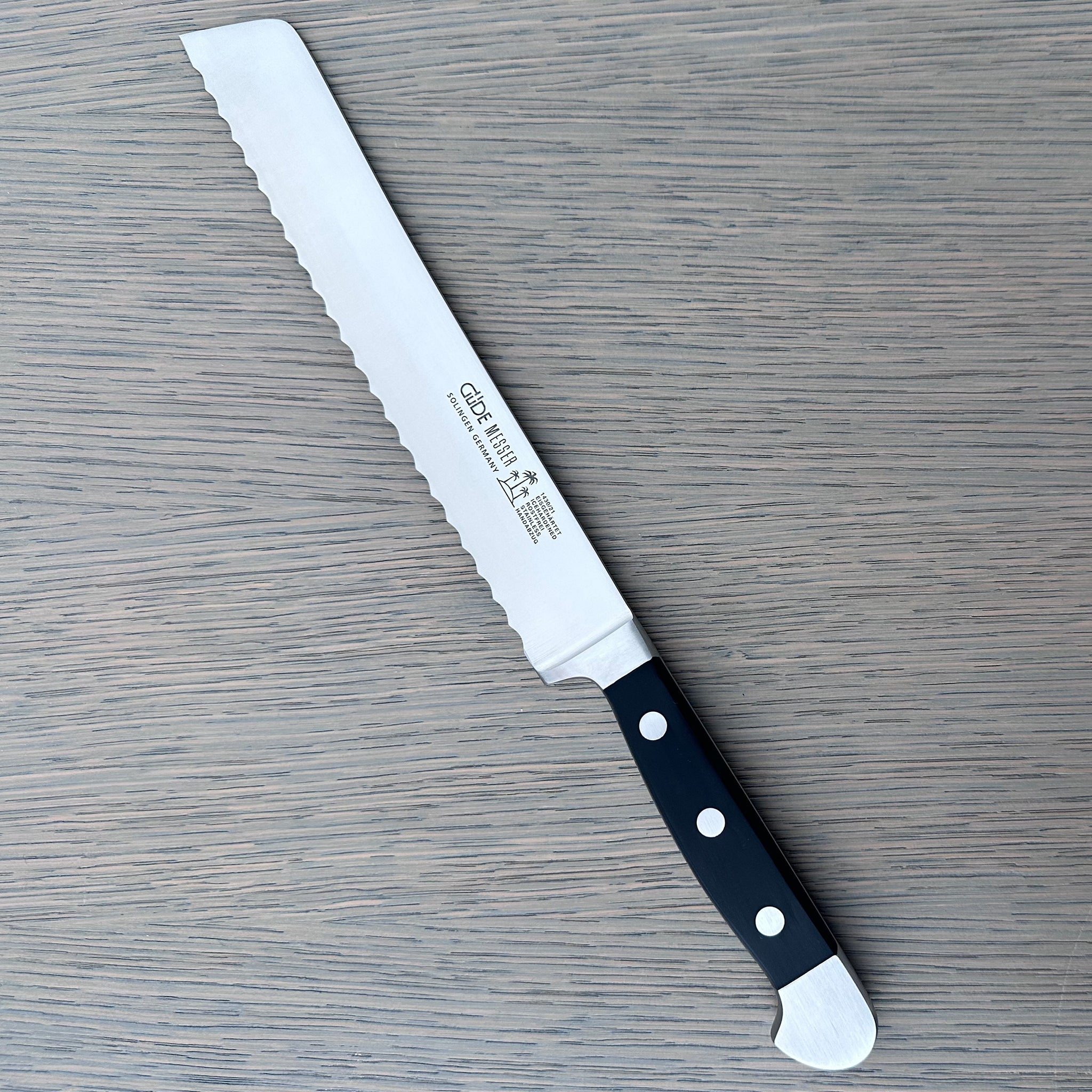 Gude Alpha Series Forged Double Bolster Serrated Bread Knife 8-in, Black Hostaform Handle – Gude Shop USA