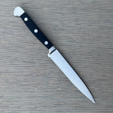 Gude Alpha Series Forged Double Bolster Serrated Tomato Knife 5-in, Black Hostaform Handle – Gude Shop USA