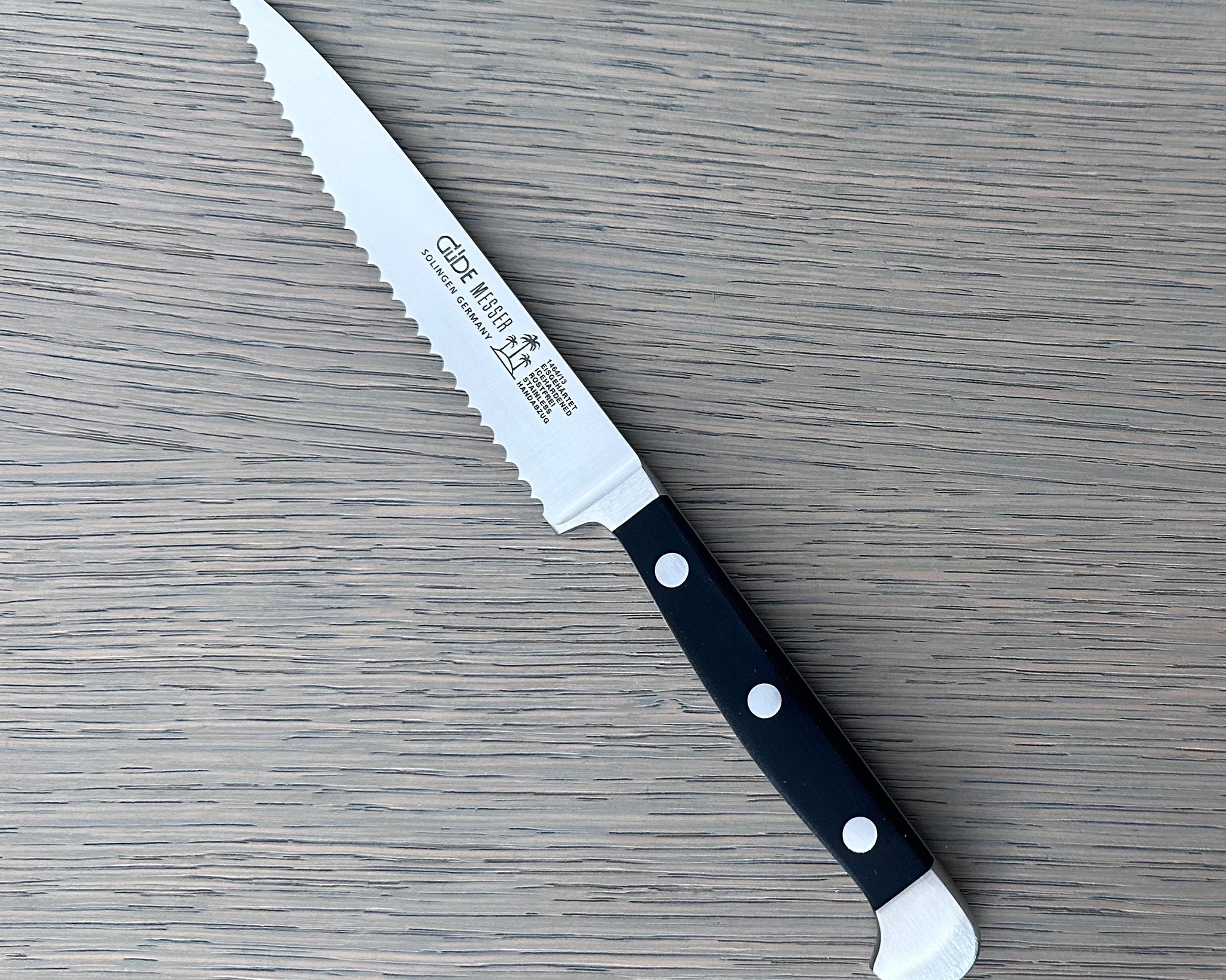 Gude Alpha Series Forged Double Bolster Serrated Tomato Knife 5-in, Black Hostaform Handle – Gude Shop USA