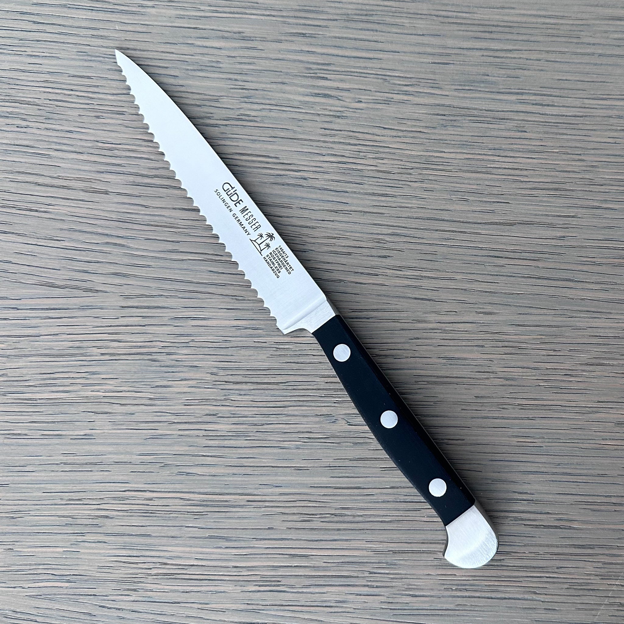 Gude Alpha Series Forged Double Bolster Serrated Tomato Knife 5-in, Black Hostaform Handle – Gude Shop USA