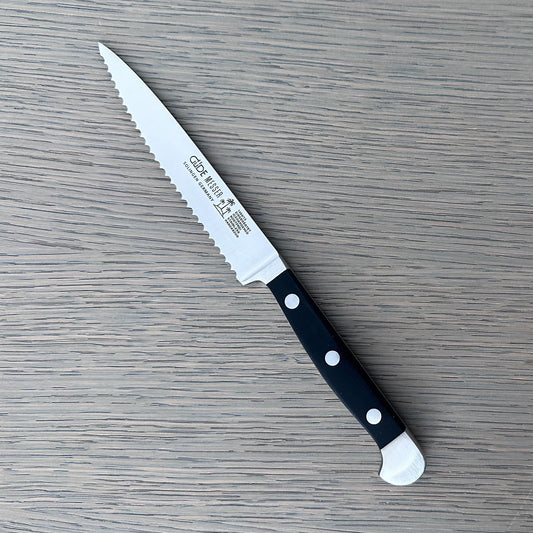 Gude Alpha Series Forged Double Bolster Serrated Tomato Knife 5-in, Black Hostaform Handle – Gude Shop USA
