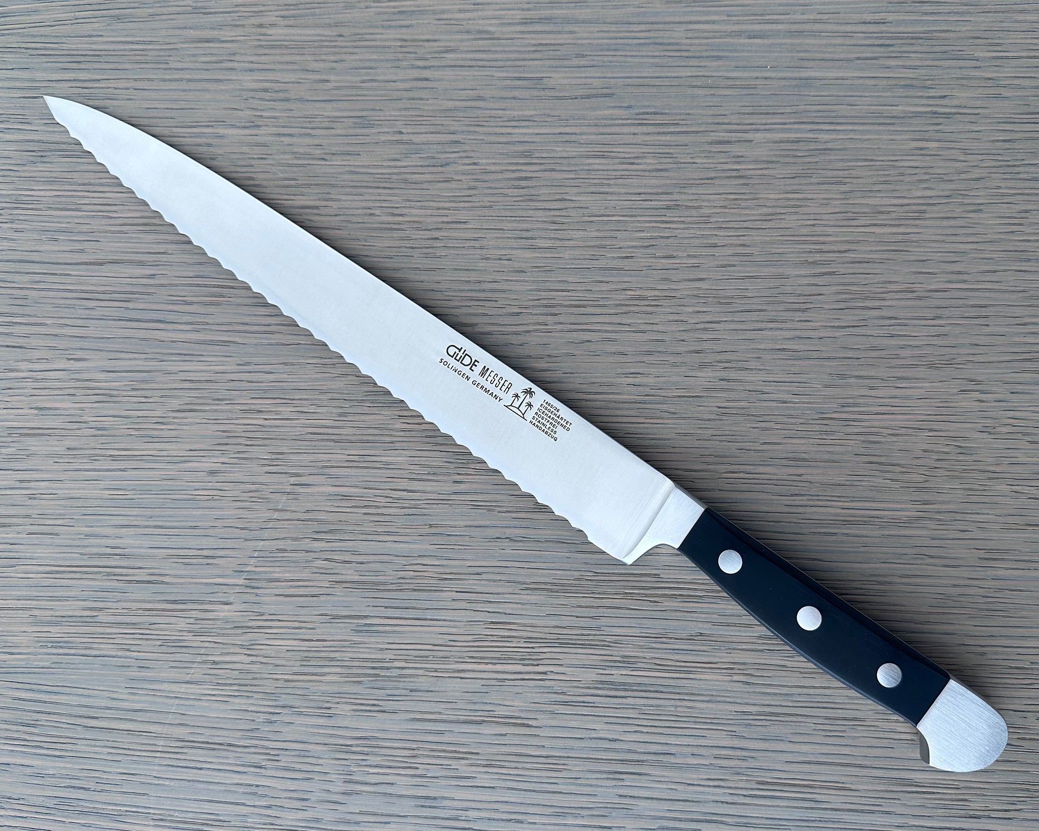 Gude Alpha Series Forged  Double Bolster Serrated Slicer / Roast Beef Knife 10-in, Black Hostaform Handle – Gude Shop USA
