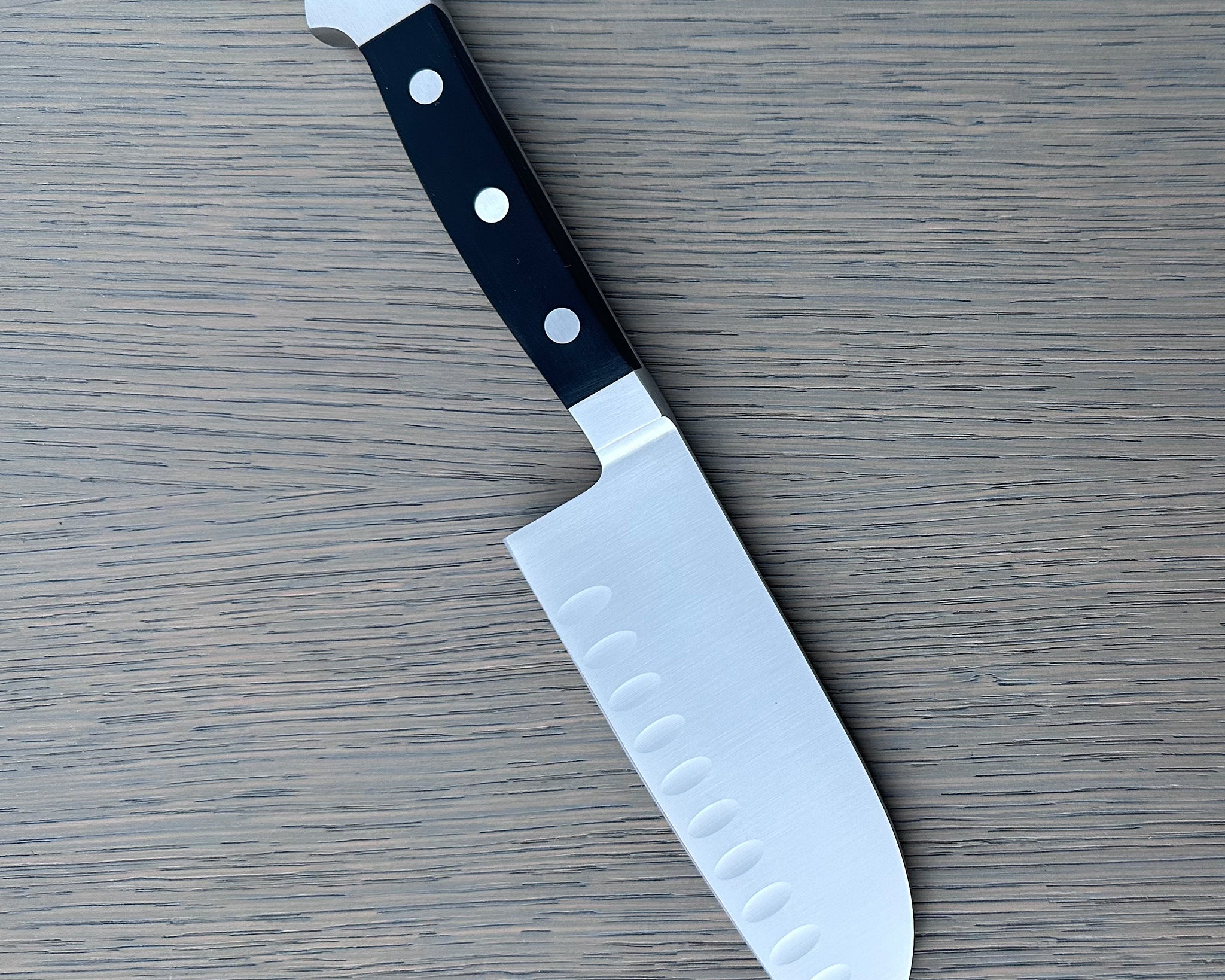 Gude Alpha Series Forged Double Bolster Hollow Edge Santoku Knife 5-in, Black Hostaform Handle – Gude Shop USA