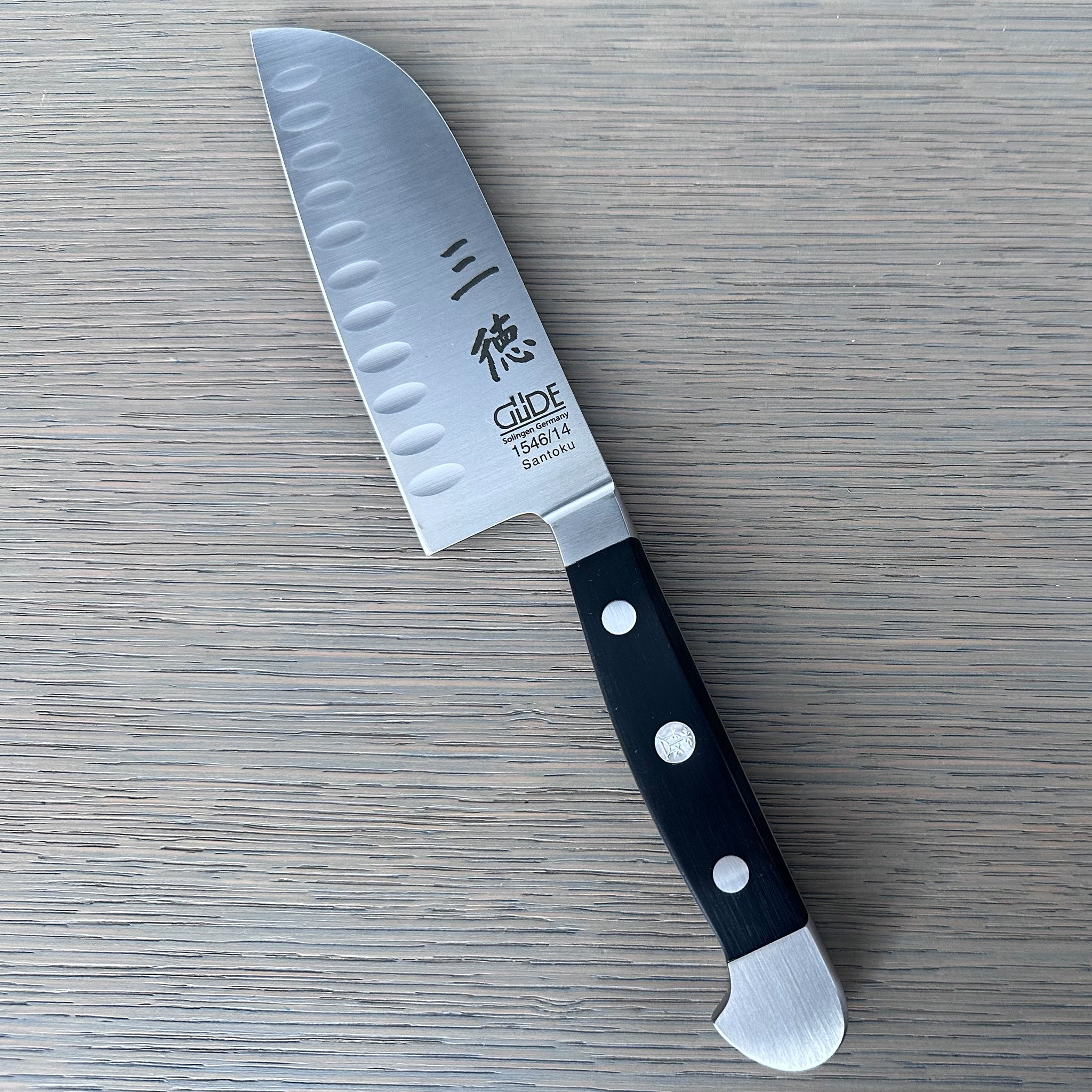 Gude Alpha Series Forged Double Bolster Hollow Edge Santoku Knife 5-in, Black Hostaform Handle – Gude Shop USA