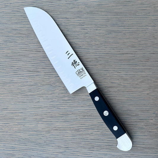 Gude Alpha Series Forged Double Bolster Hollow Edge Santoku Knife 7-in, Black Hostaform Handle – Gude Shop USA