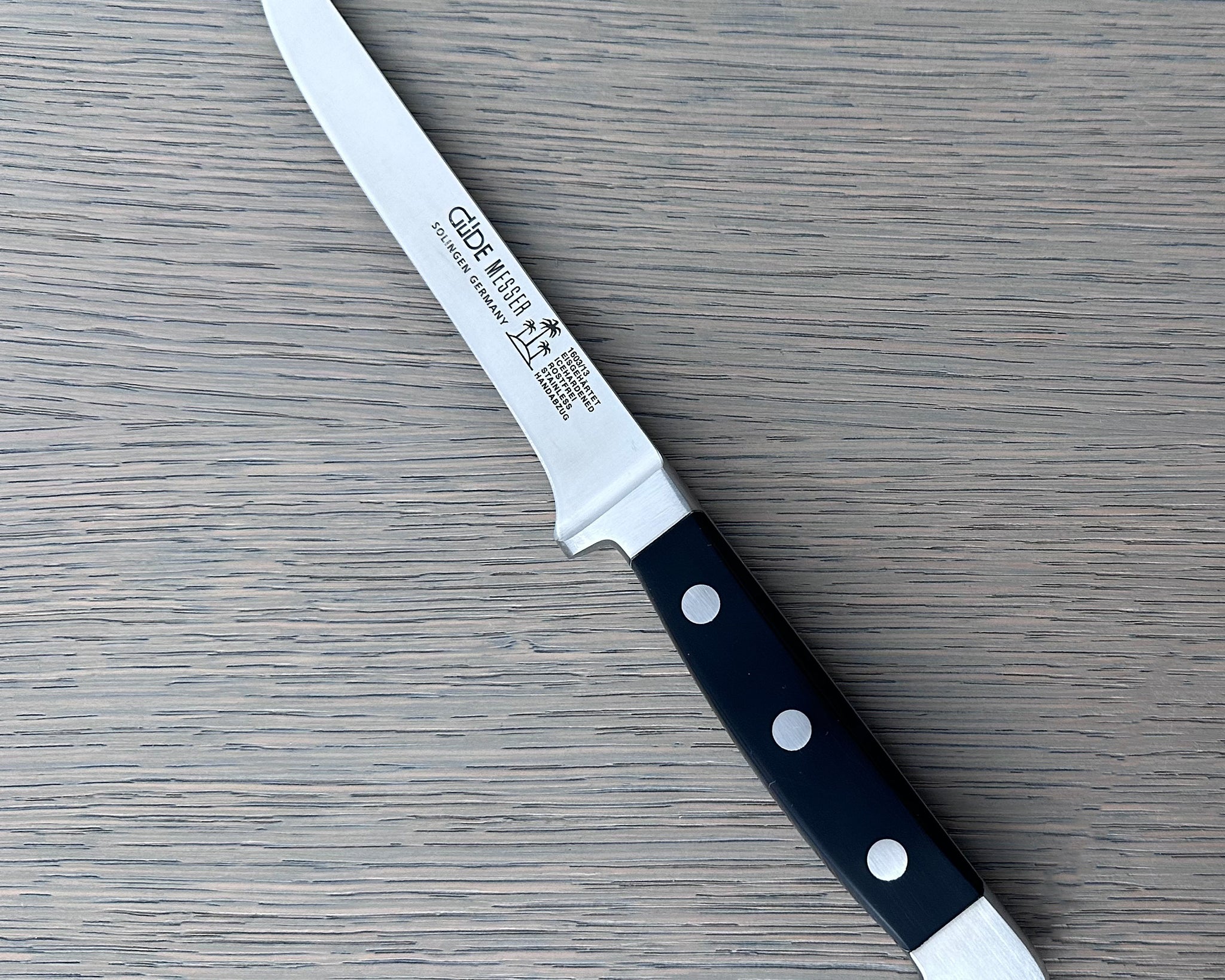 Gude Alpha Series Forged Double Bolster Boning Knife 5-in, Black Hostaform Handle – Gude Shop USA