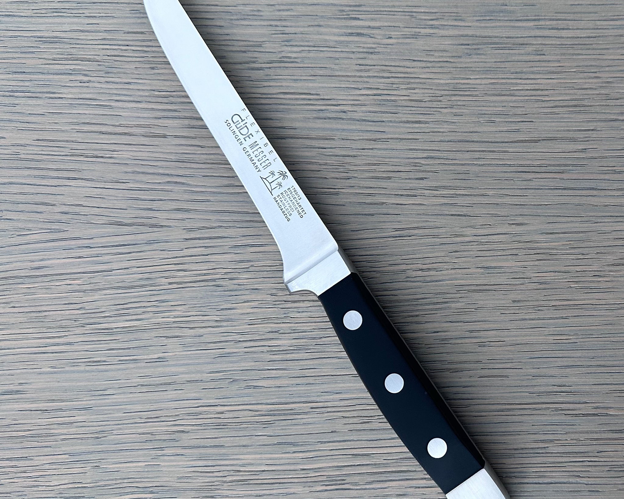 Gude Alpha Series Forged Double Bolster Flexible Boning Knife 5-in, Black Hostaform Handle – Gude Shop USA