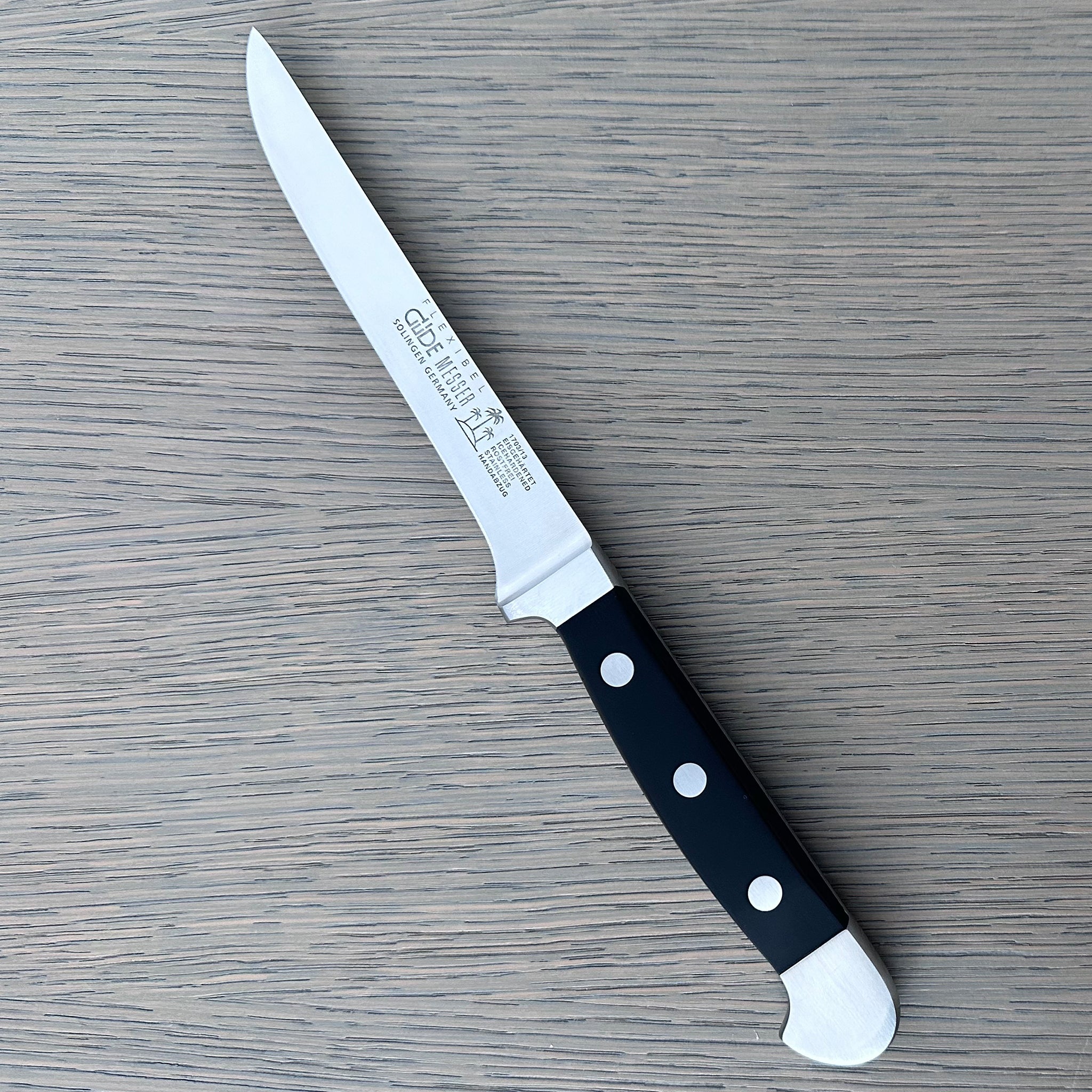Gude Alpha Series Forged Double Bolster Flexible Boning Knife 5-in, Black Hostaform Handle – Gude Shop USA