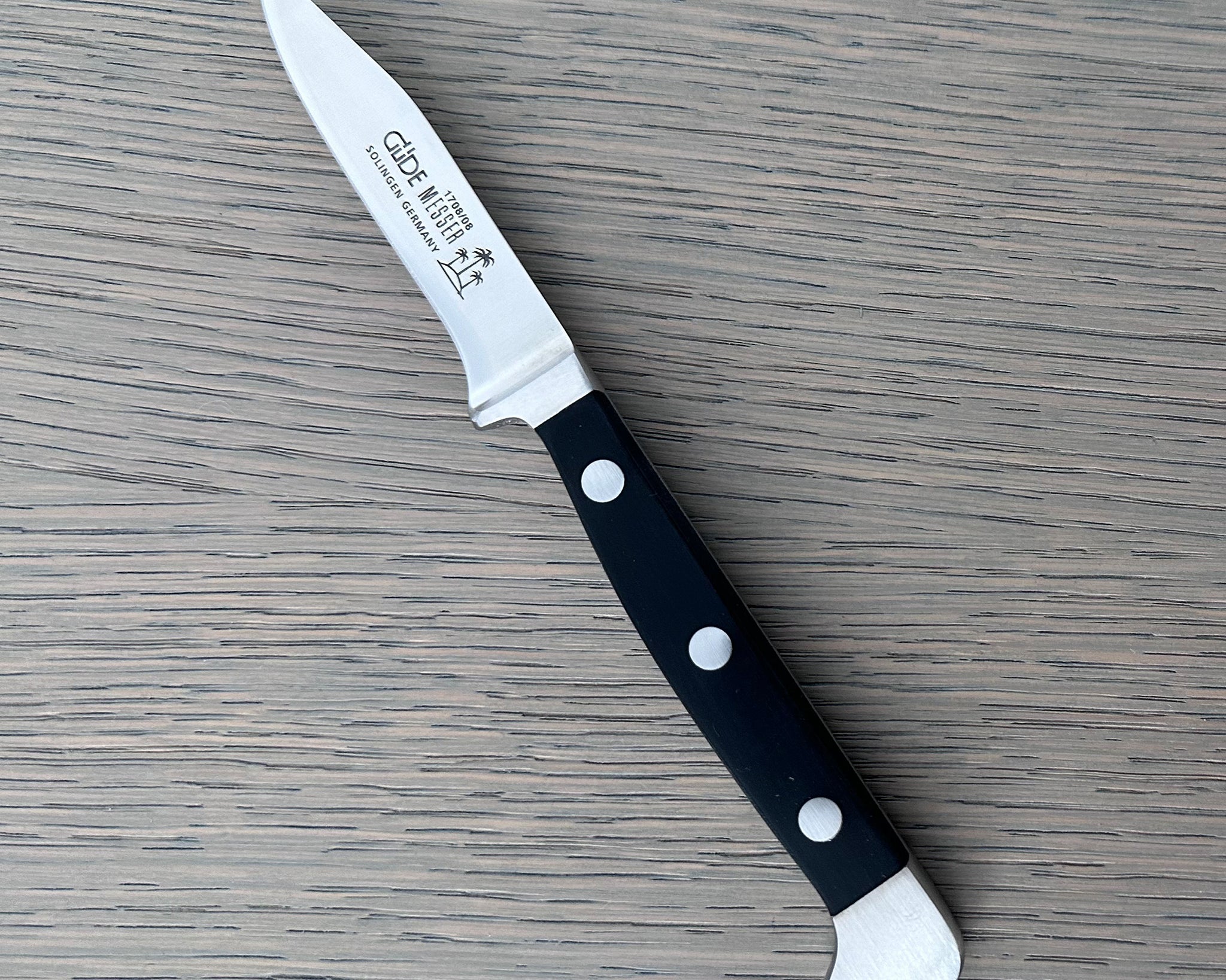 Güde Alpha Sharp Point Paring Knife 3-in, model 1708/08, with dishwasher-safe black Hostaform handle
