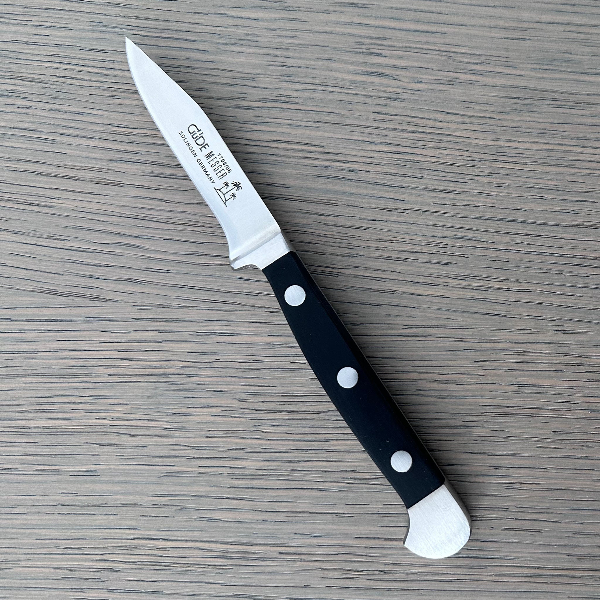 Güde Alpha Sharp Point Paring Knife 3-in, model 1708/08, with dishwasher-safe black Hostaform handle