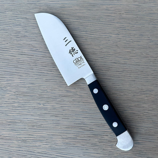 Gude Alpha Series Forged Double Bolster Santoku Knife 5-in, Black Hostaform Handle – Gude Shop USA
