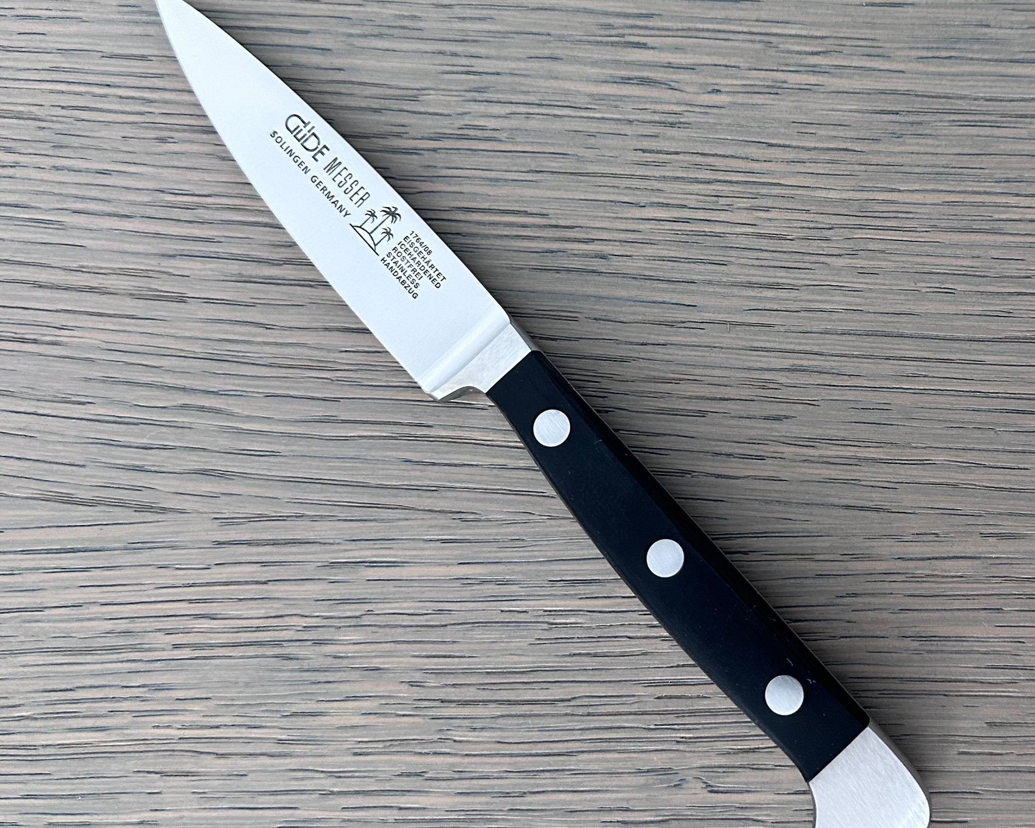 Güde Alpha Straight Paring Knife 3-in, model 1764/08, with dishwasher-safe black Hostaform handle