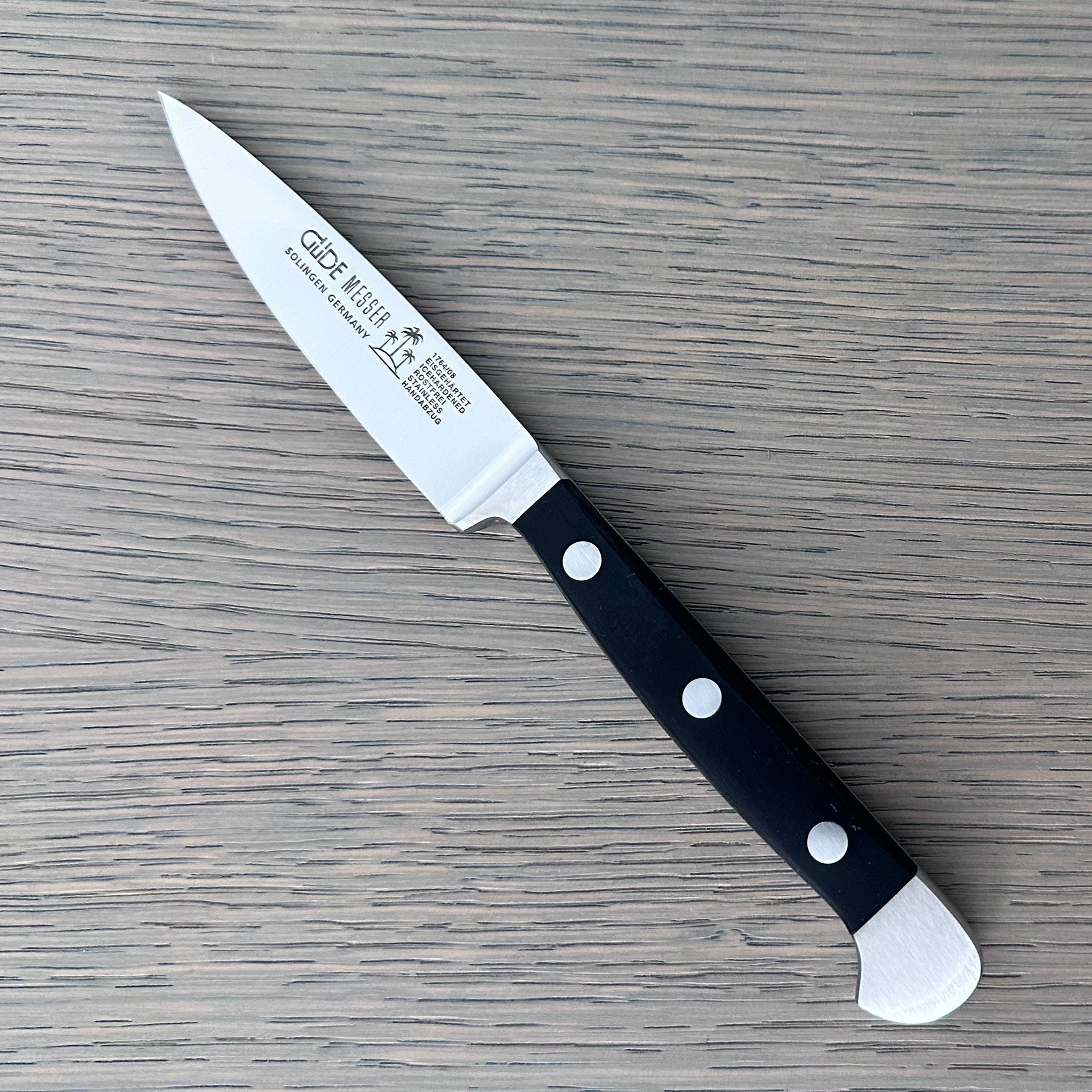 Güde Alpha Straight Paring Knife 3-in, model 1764/08, with dishwasher-safe black Hostaform handle