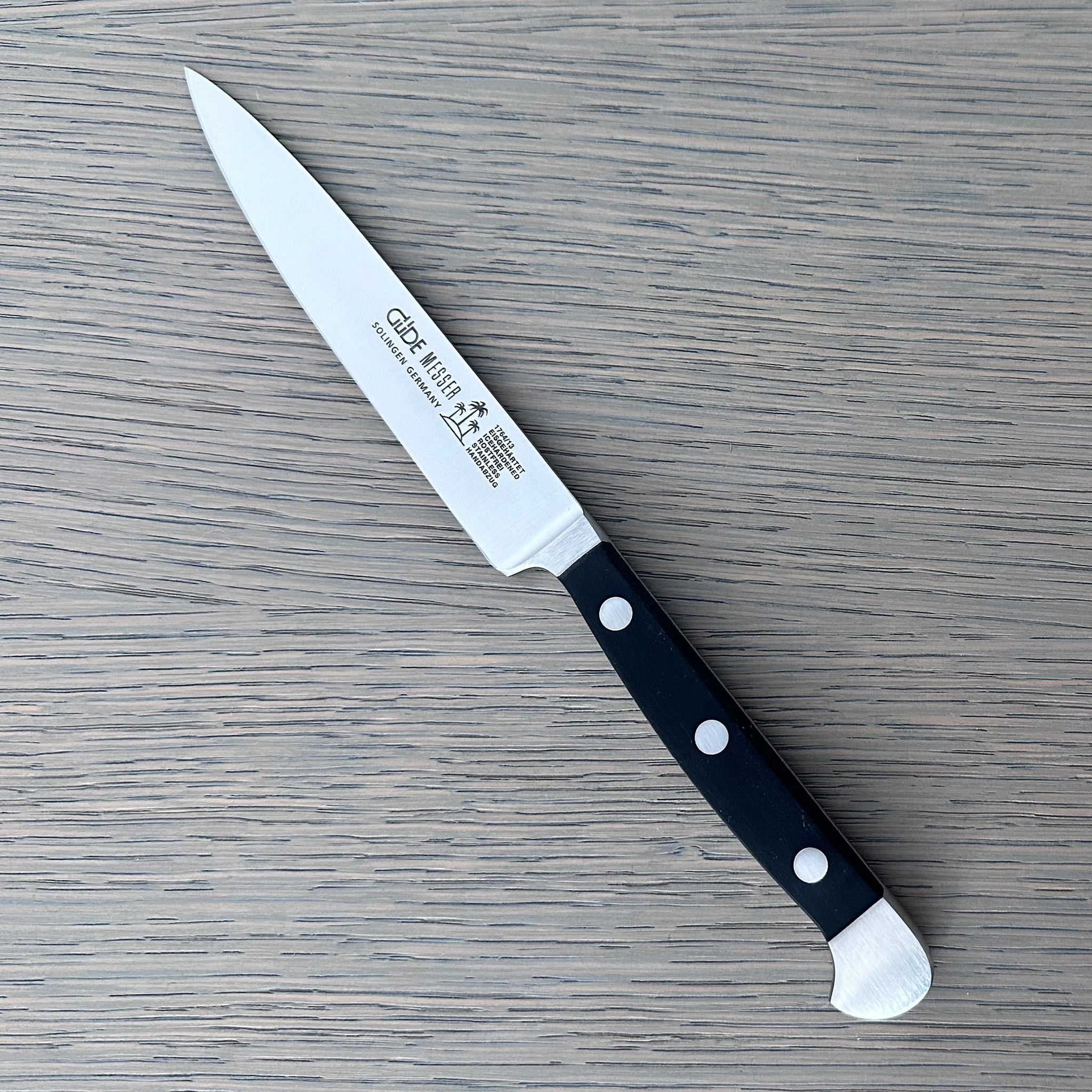 Güde Alpha Utility Knife 5-in, model 1764/13, with dishwasher-safe black Hostaform handle