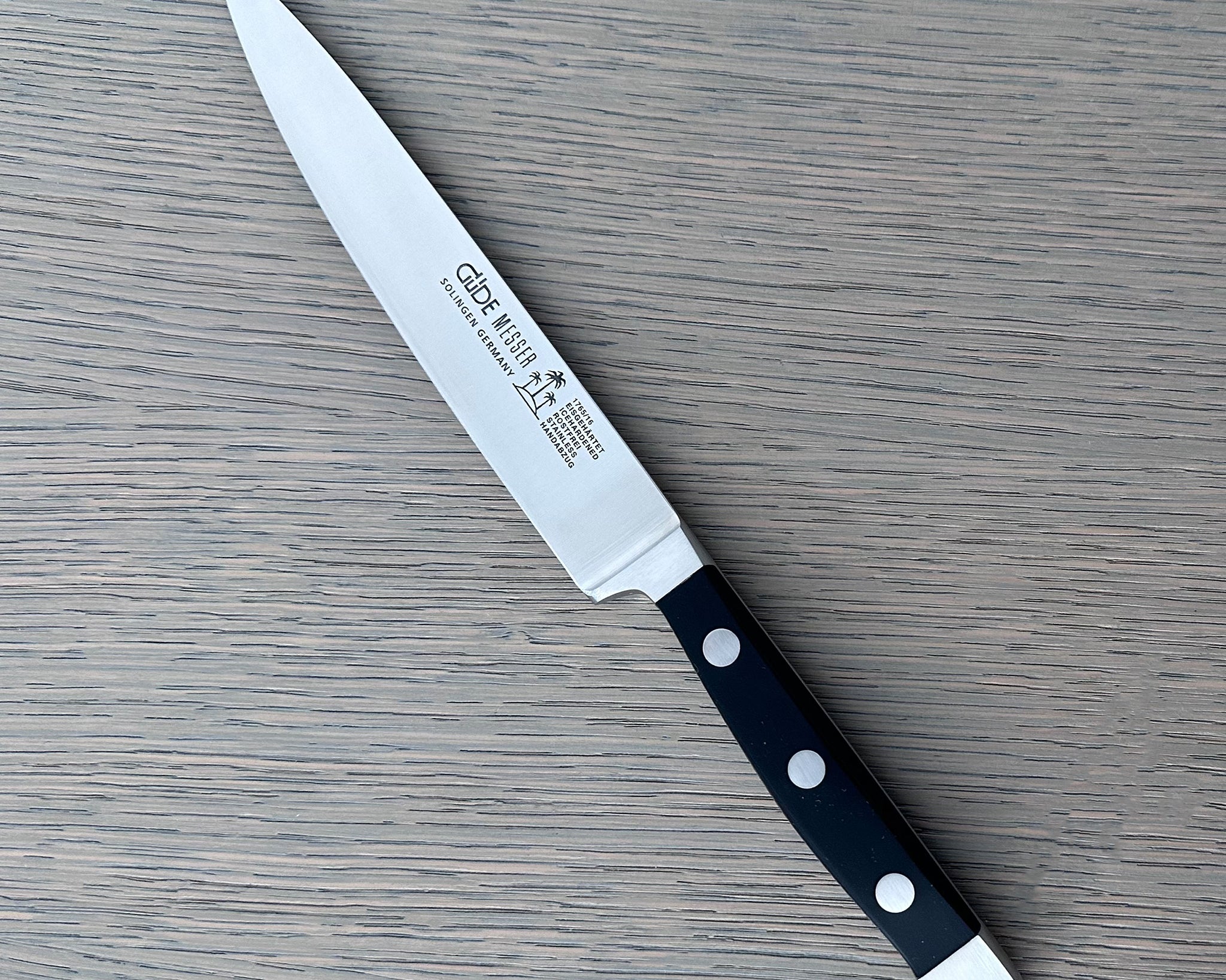 Güde Alpha Carving Knife 6-in with black Hostaform handle, hand-forged in Solingen, Germany