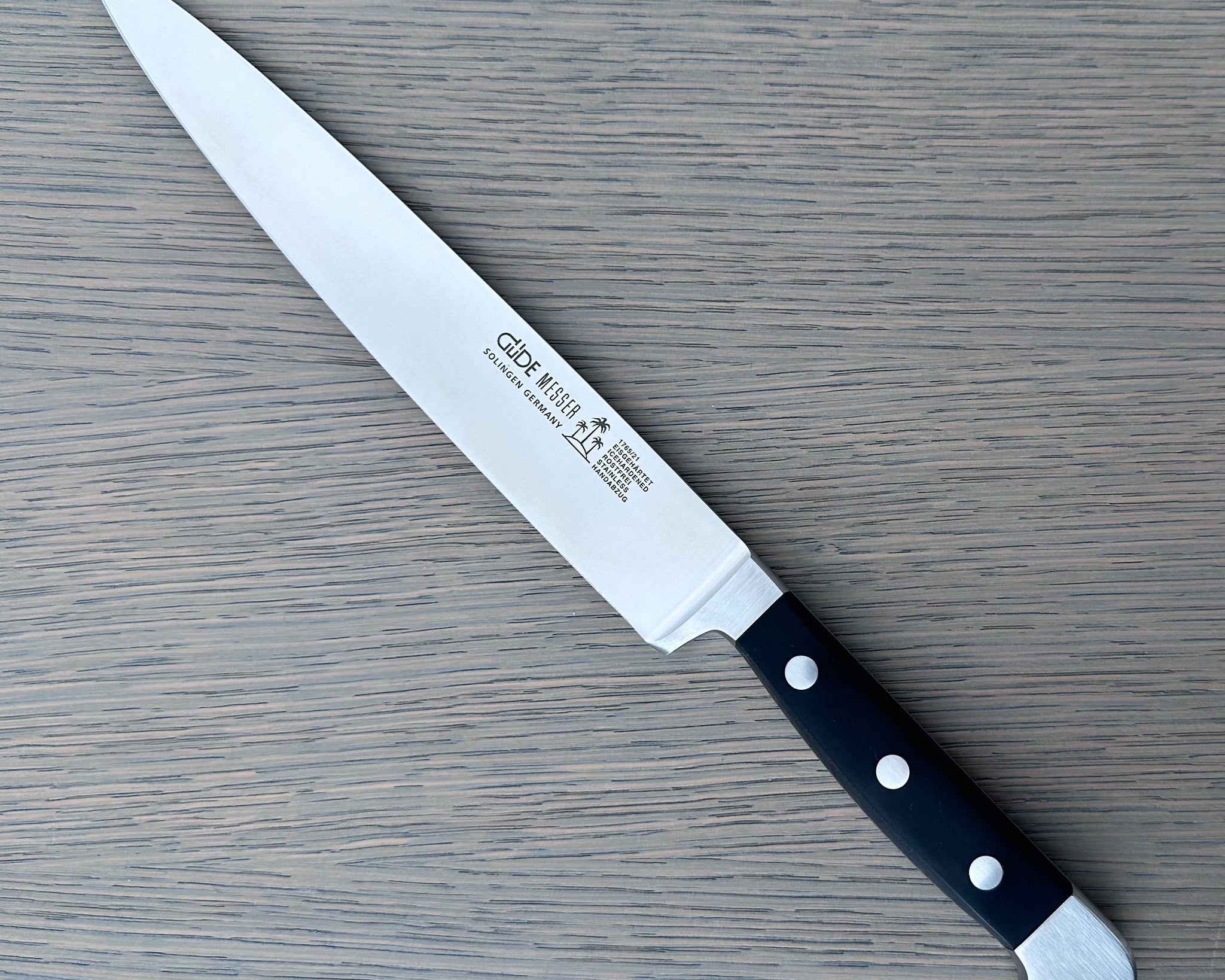 Güde Alpha Carving Knife 8-in with black Hostaform handle, hand-forged in Solingen, Germany