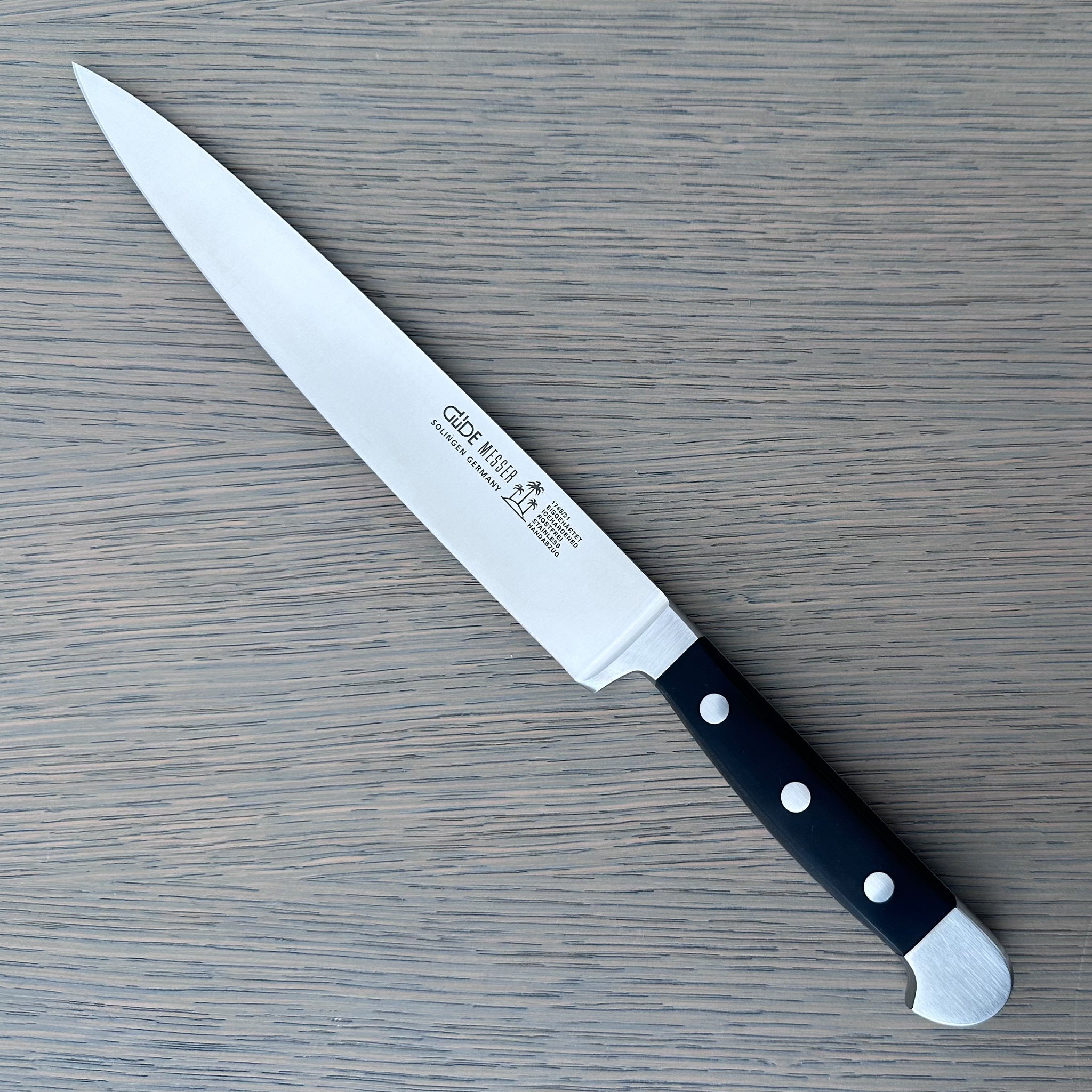 Güde Alpha Carving Knife 8-in with black Hostaform handle, hand-forged in Solingen, Germany