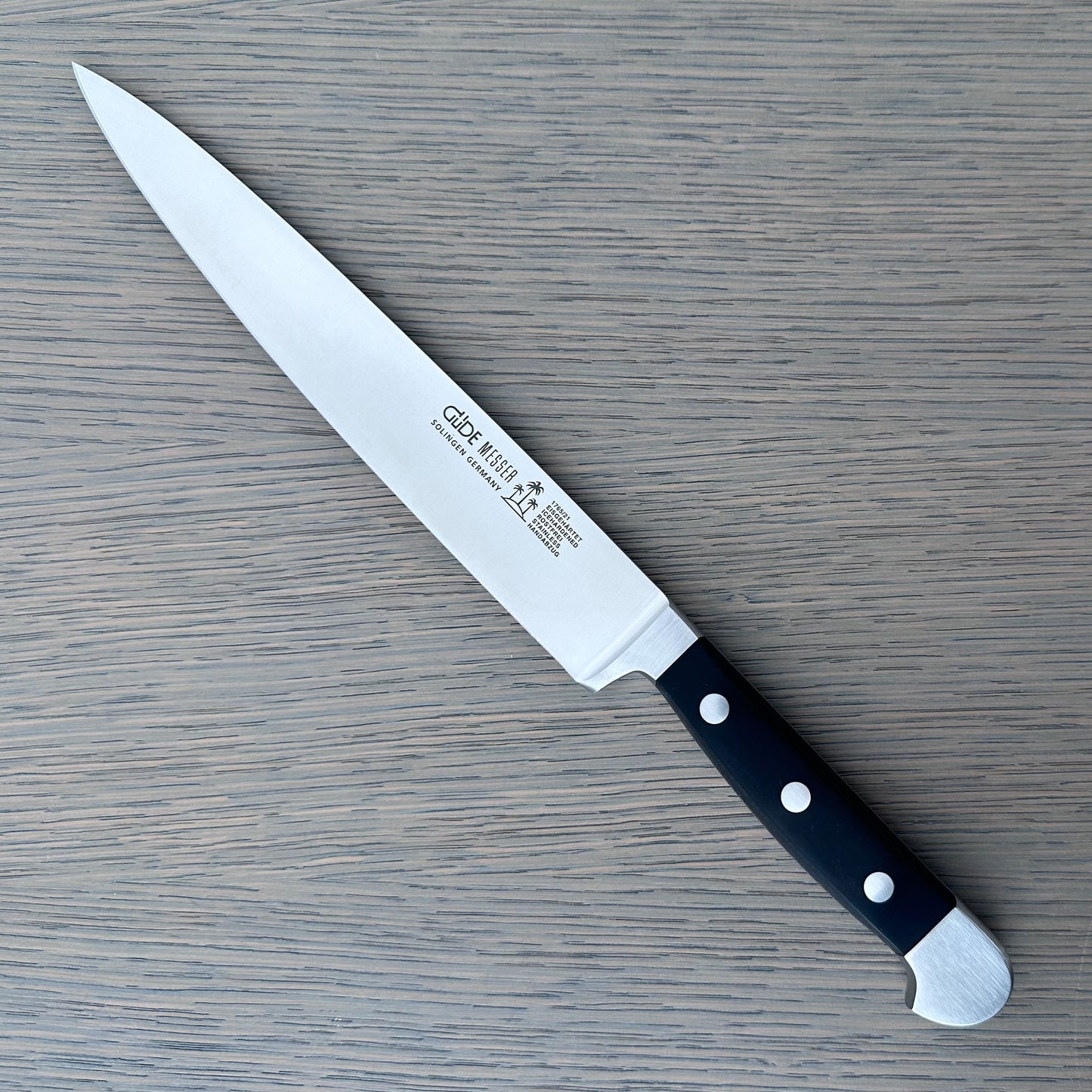 Gude Alpha Series Forged Double Bolster Carving Knife 8-in, Black Hostaform Handle – Gude Shop USA