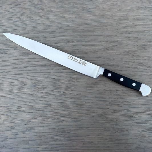 Gude Alpha Series Forged Double Bolster Slicing Knife 10-in, Black Hostaform Handle – Gude Shop USA