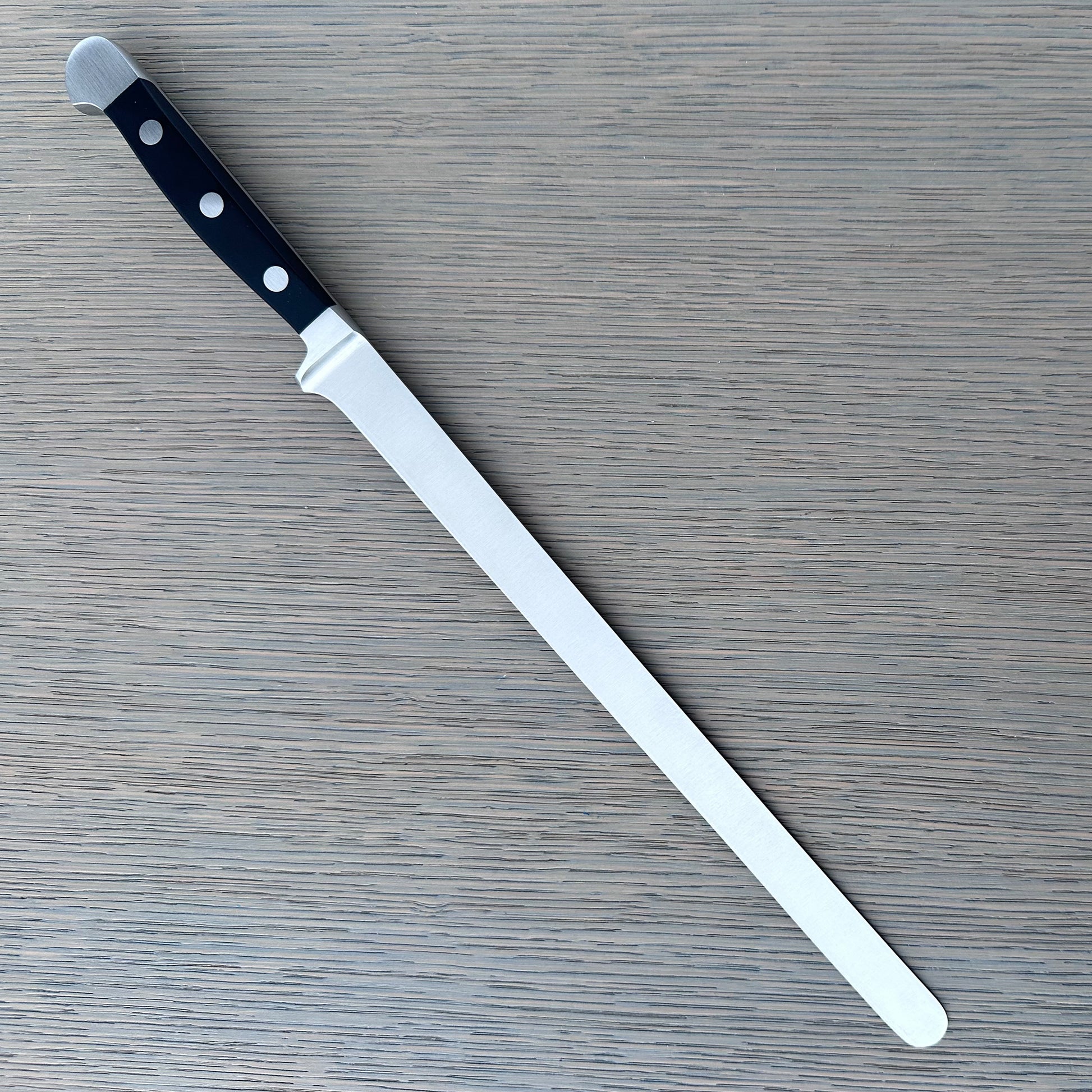 Gude Alpha Series Forged Double Bolster Salmon Slicer 10-in, Black Hostaform Handle – Gude Shop USA