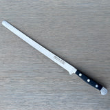 Güde Alpha Salmon Slicer 10-in with black Hostaform handle, hand-forged in Solingen, Germany