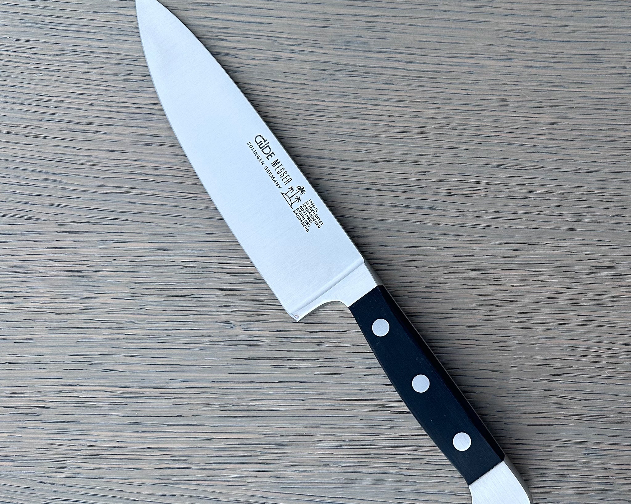Gude Alpha Series Forged Double Bolster Chef's Knife 6-in, Black Hostaform Handle – Gude Shop USA