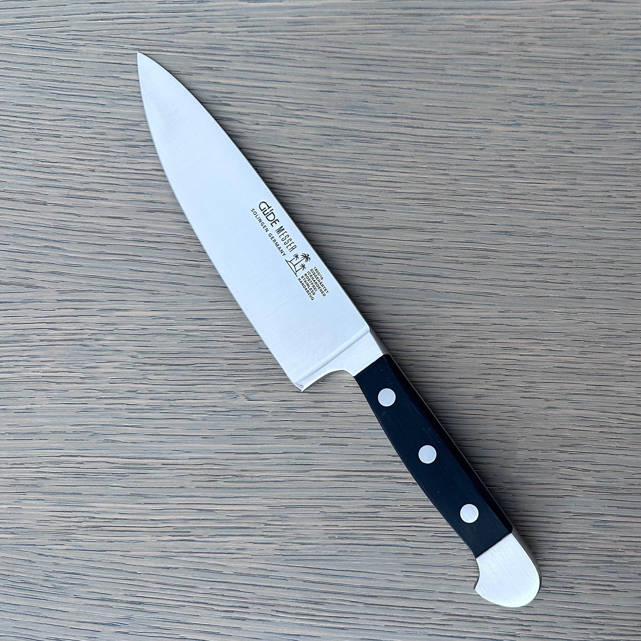 Gude Alpha Series Forged Double Bolster Chef's Knife 6-in, Black Hostaform Handle – Gude Shop USA