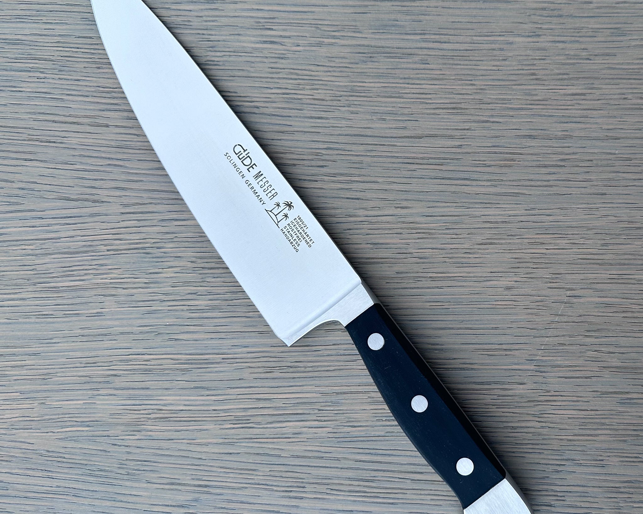 Gude Alpha Series Forged Double Bolster Chef's Knife 8-in, Black Hostaform Handle – Gude Shop USA