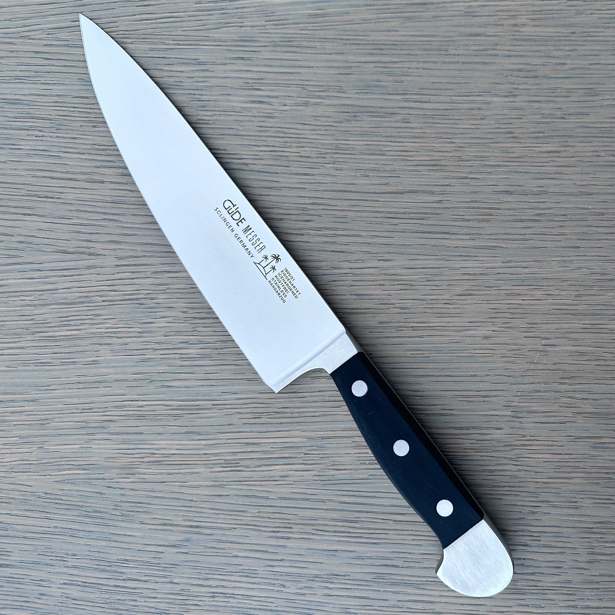 Gude Alpha Series Forged Double Bolster Chef's Knife 8-in, Black Hostaform Handle – Gude Shop USA