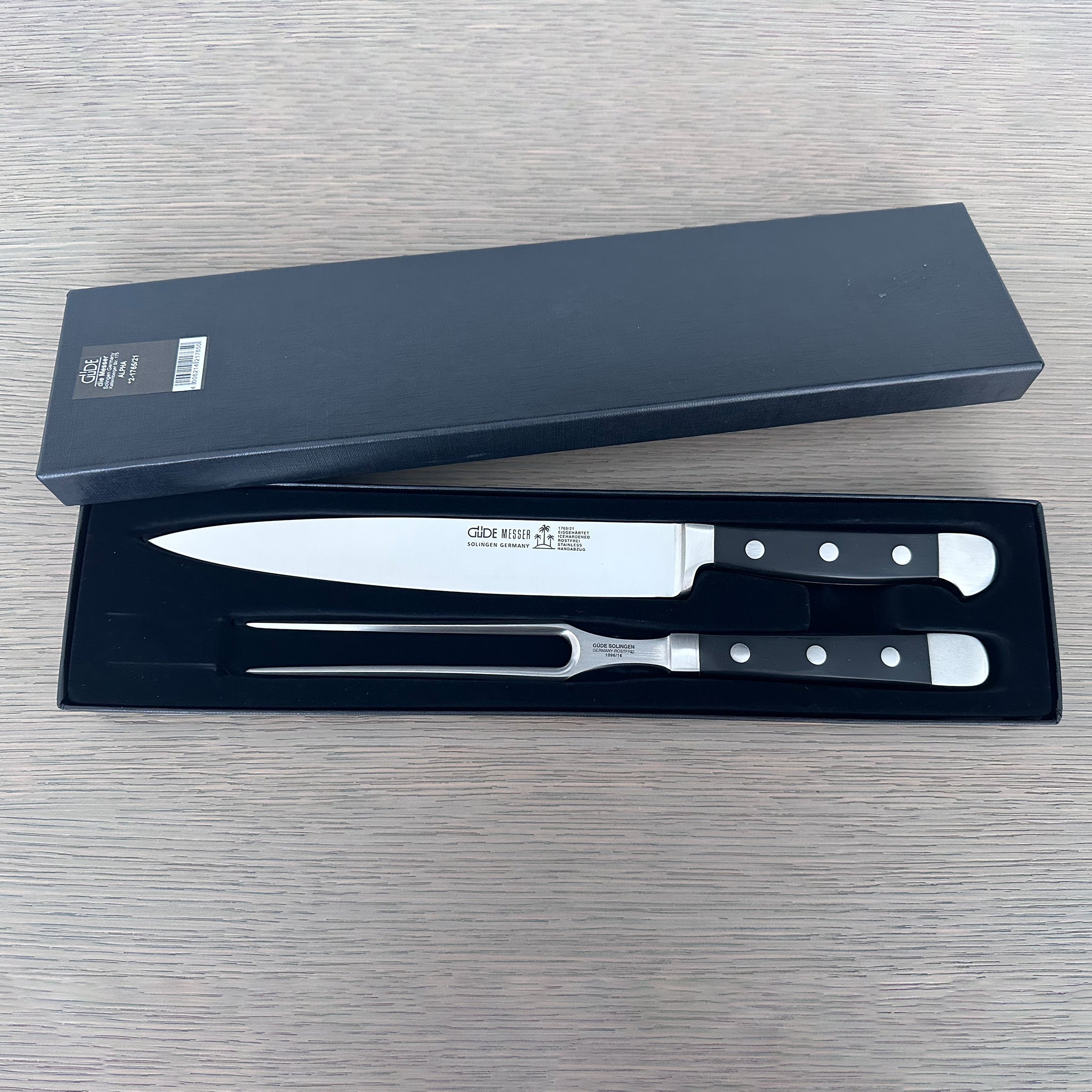 Güde Alpha 2-Piece Carving Knife Set with black Hostaform handles, blades hand-forged in Solingen, Germany