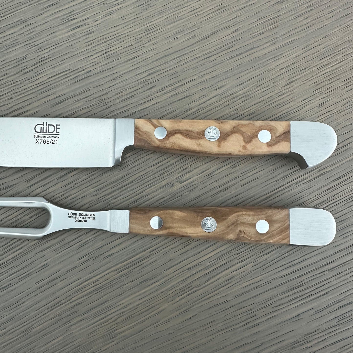 Gude Alpha Olive Series Forged Double Bolster 2-Piece Carving Set, Olivewood Handle