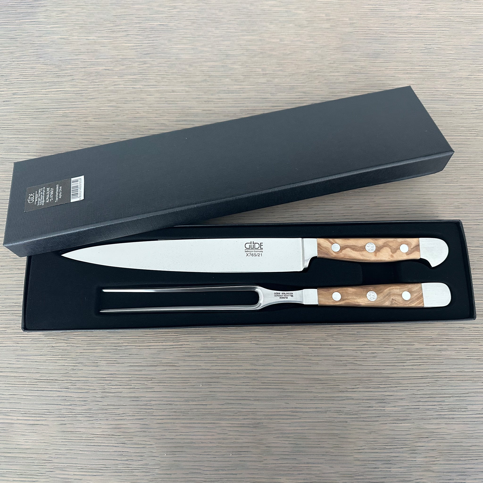 Güde Alpha Olive 2-Piece Carving Set with olive wood handles, blades hand-forged in Solingen, Germany