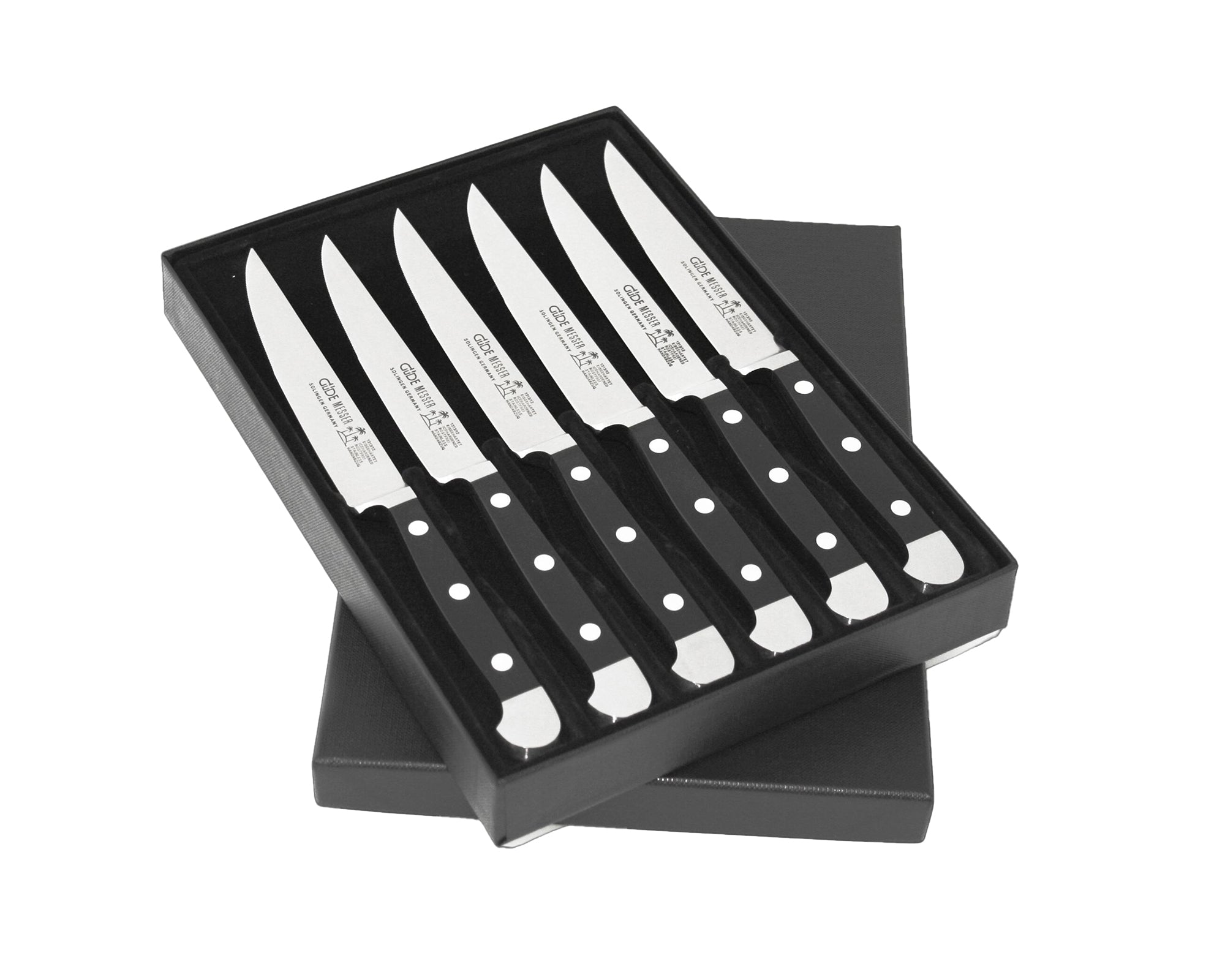 Gude Alpha Series 6-Piece Serrated Steak Knife Set, Black Hostaform Handle - Gude Shop USA