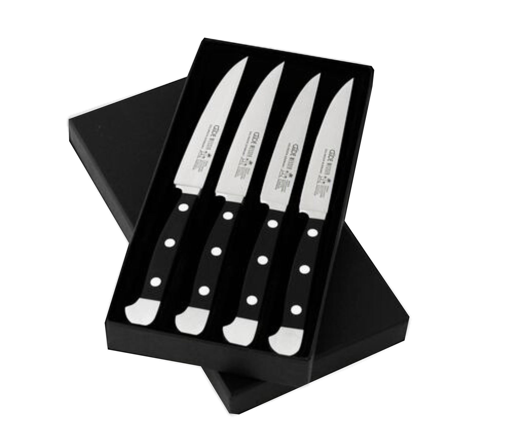 Gude Alpha Series 4-Piece Serrated Steak Knife Set, Black Hostaform Handle - Gude Shop USA