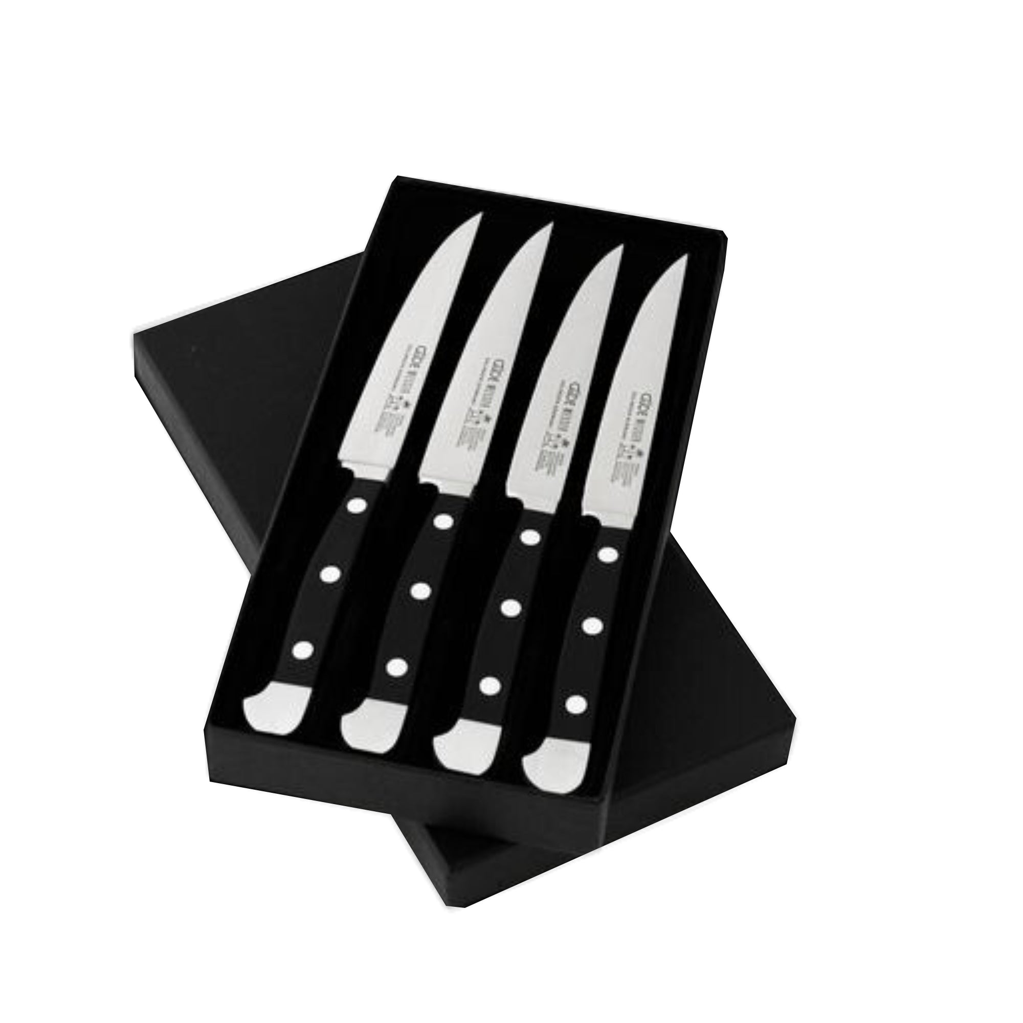Gude Alpha Series 4-Piece Serrated Steak Knife Set, Black Hostaform Handle - Gude Shop USA