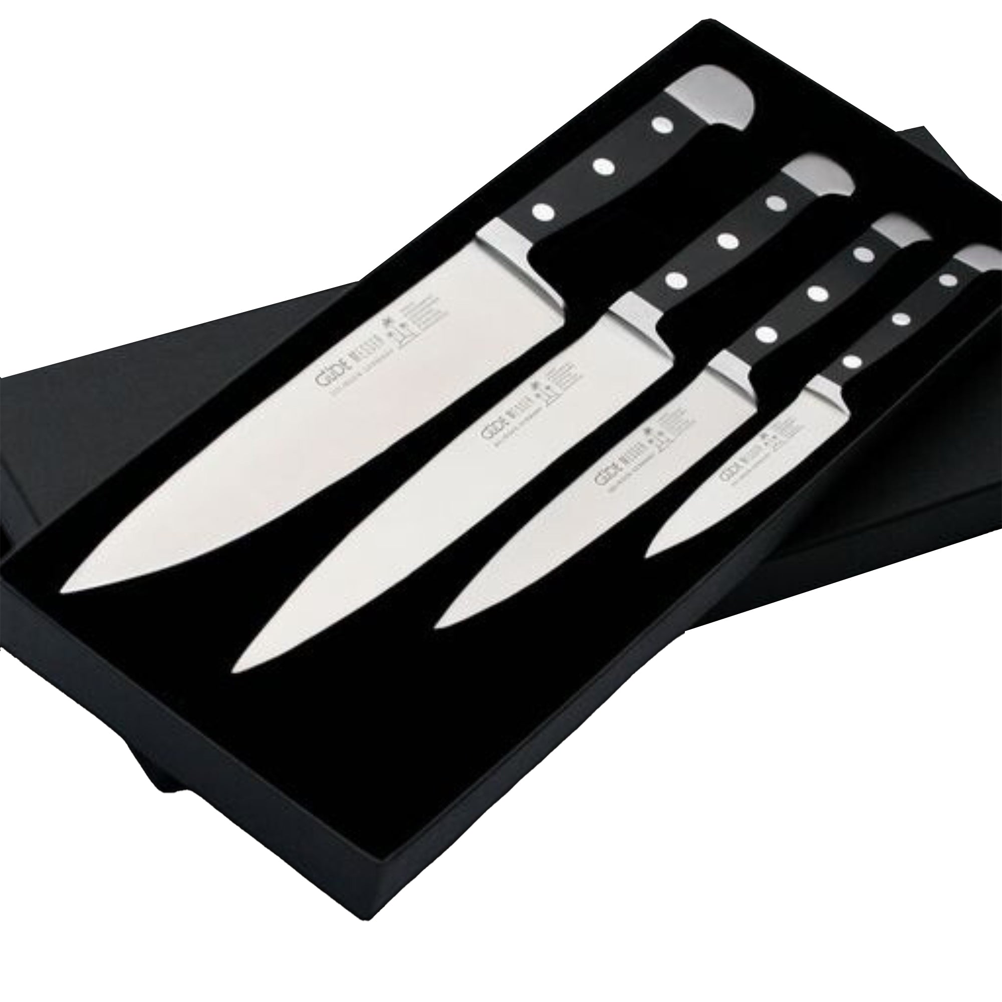 Güde Alpha 4-Piece DeLuxe Knife Set with black Hostaform handles, blades hand-forged in Solingen, Germany