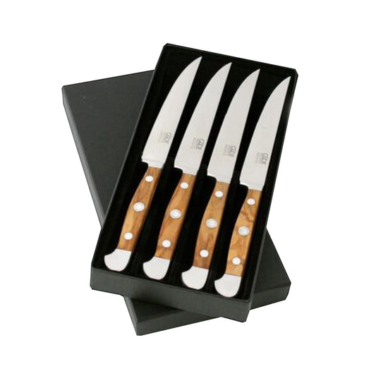 Gude Alpha Olive Series Forged Double Bolster 4-Piece Steak Knife Set, Olivewood Handle