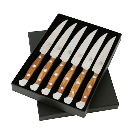 Gude Alpha Olive Series Forged Double Bolster 6-Piece Steak Knife Set, Olivewood Handle