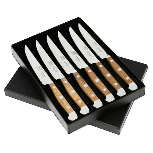 Gude Alpha Barrel Oak Series 6-Piece Steak Knife Set, Oak Wood Handle
