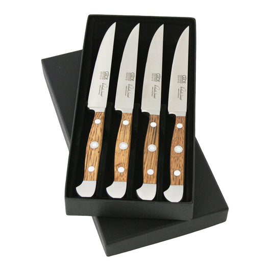 Gude Alpha Barrel Oak Series 4-Piece Steak Knife Set, Oak Wood Handle