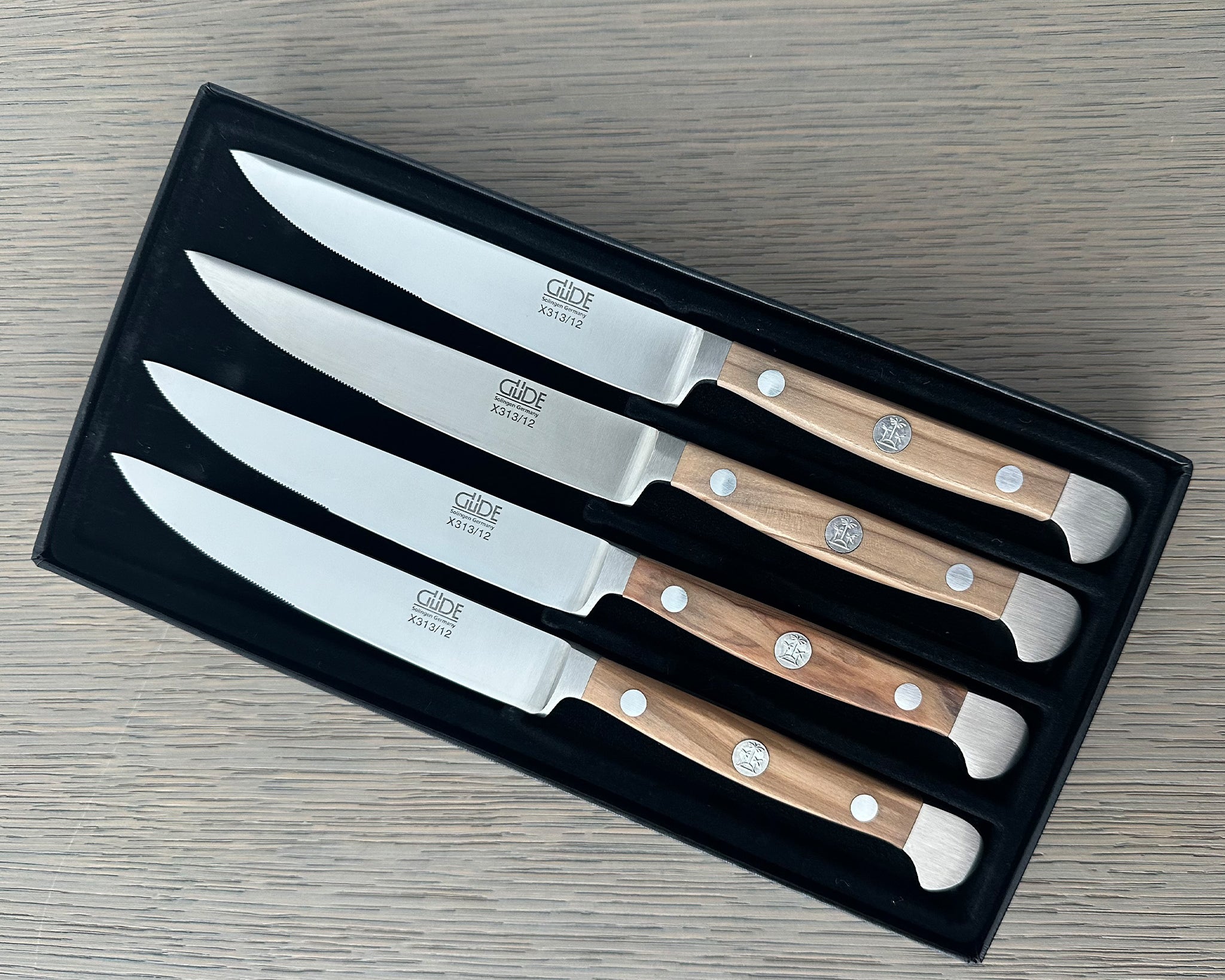 Gude Alpha Olive Series Forged Double Bolster 4-Piece Steak Knife Set, Olivewood Handle – Gude Shop USA