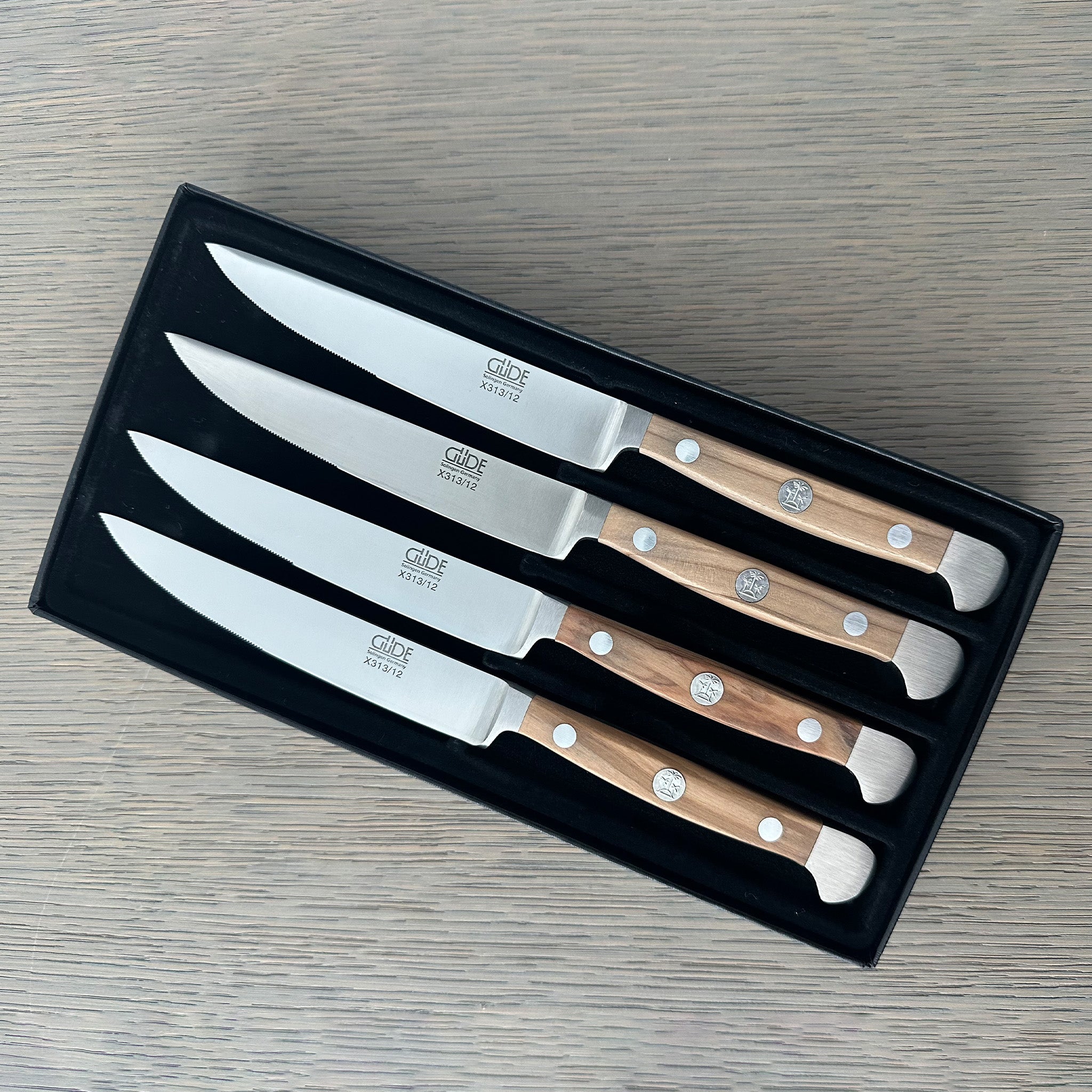 Gude Alpha Olive Series Forged Double Bolster 4-Piece Steak Knife Set, Olivewood Handle – Gude Shop USA