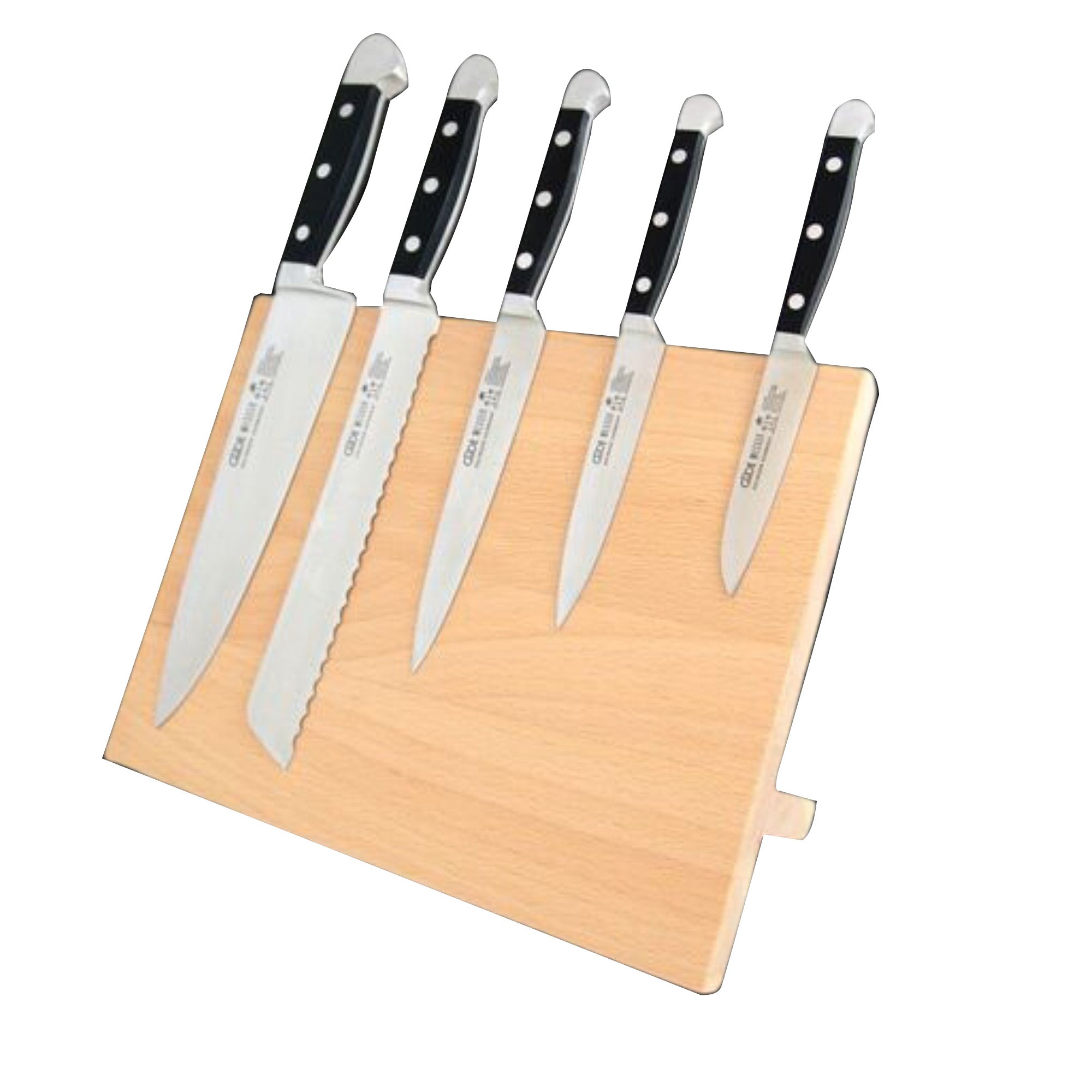 Güde magnetic knife block in beech wood, holds up to five knives, made in Solingen, Germany