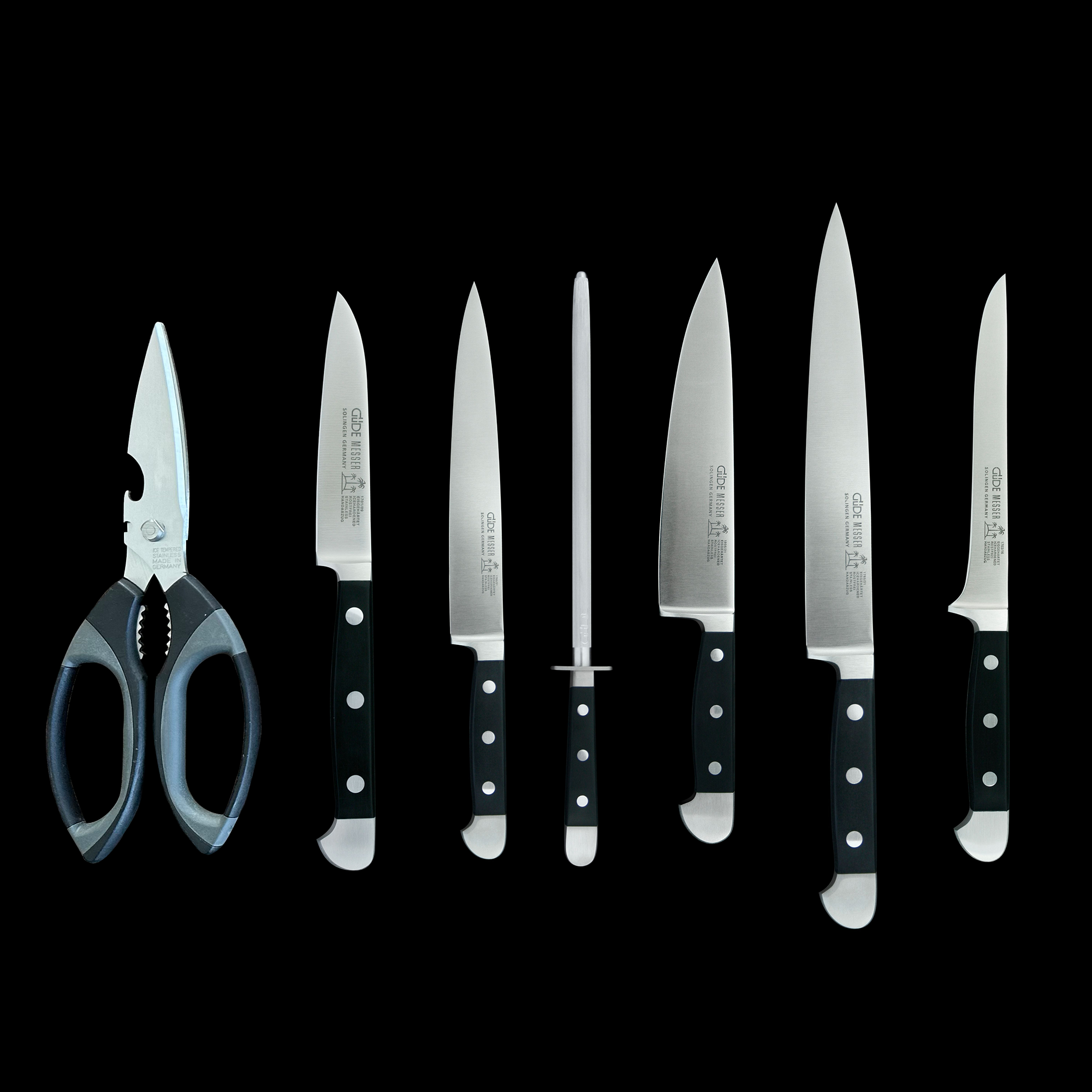 Güde Alpha Series 8-Piece Knife Block Set with 10-inch sharpening steel and beechwood block