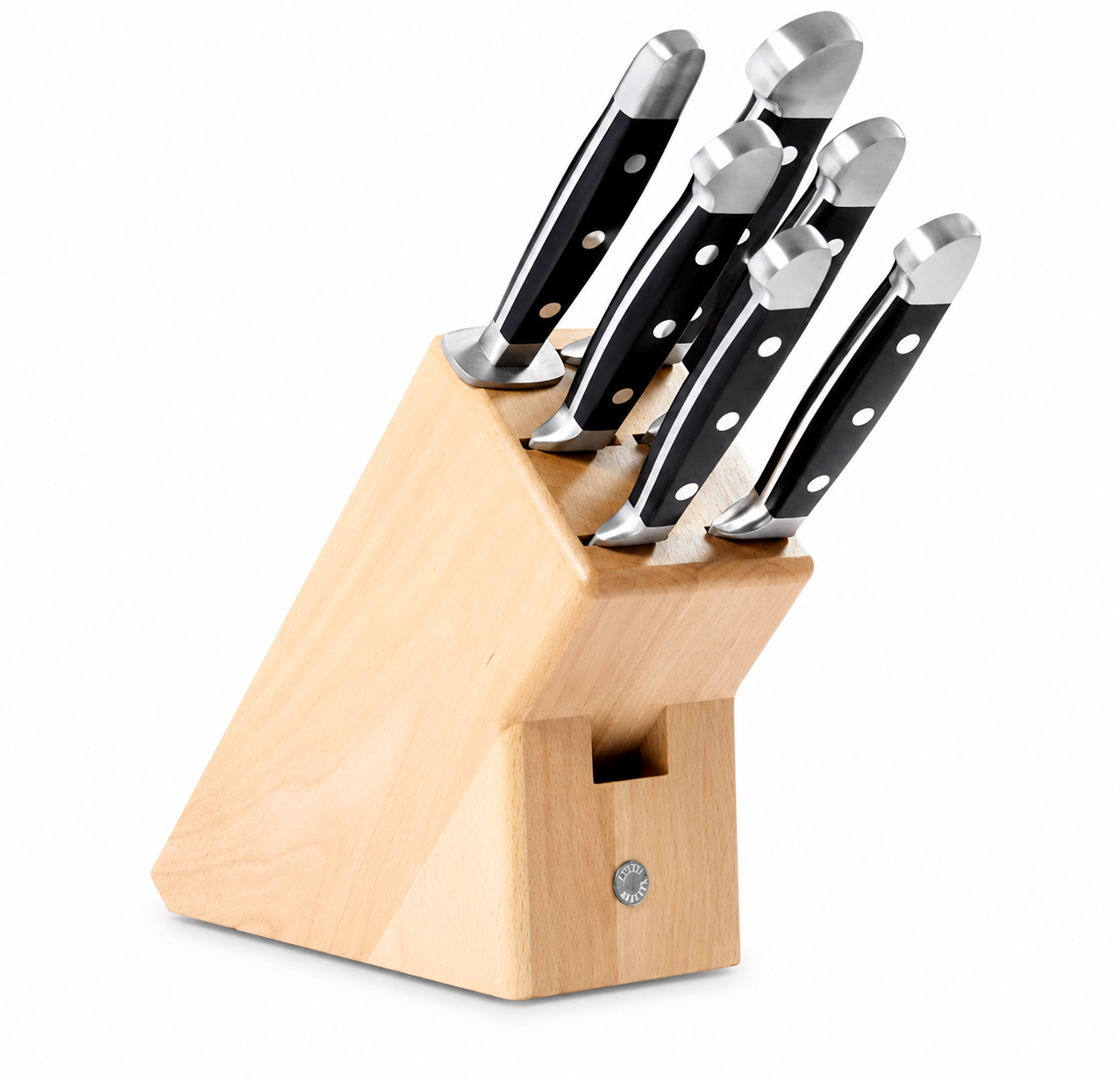 Güde Alpha 8-Piece Knife Block Set with black Hostaform handles, blades hand-forged in Solingen, Germany